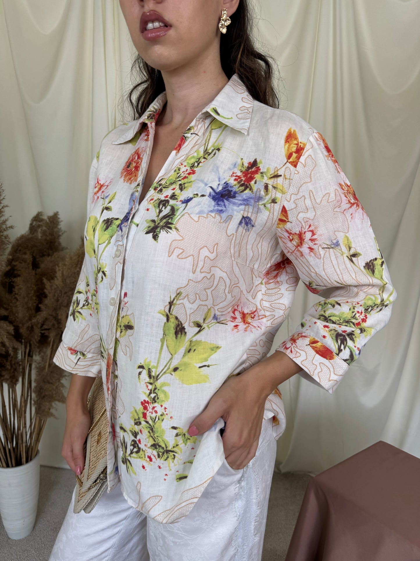 Cămașă de vară cu print floral din 100% mătase naturală ( mărimea M/L)