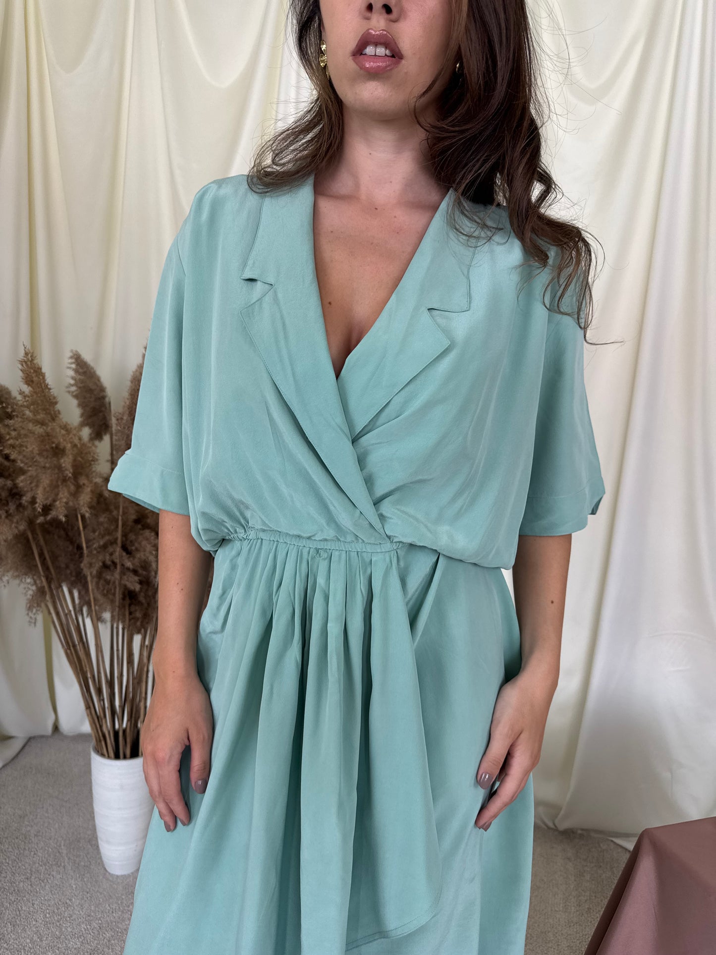 Rochie vintage din 100% mătase naturala cu talie elastică ( mărimea L/XL)
