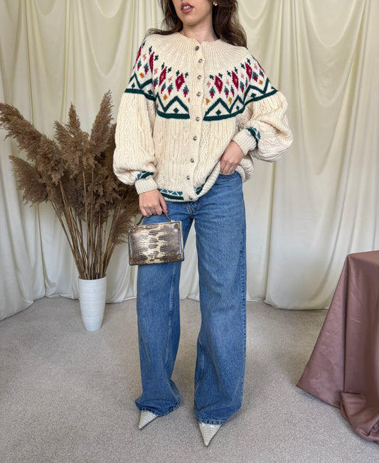 Cardigan superb din Lână realizat manual cu print (mărime universala)