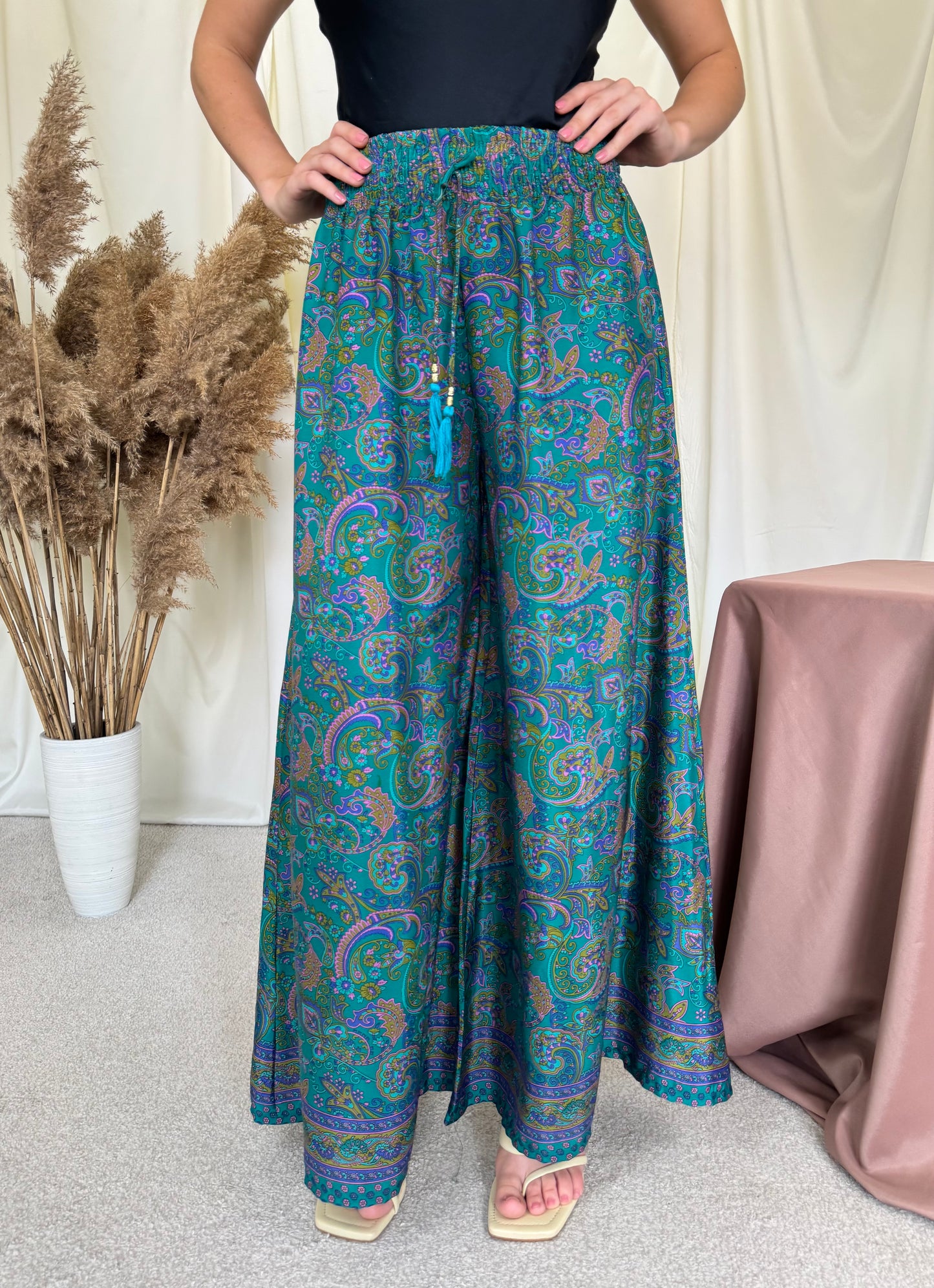 Pantalon de vară din 100% mătase cu print, talie elastică ( mărime universală S-L)