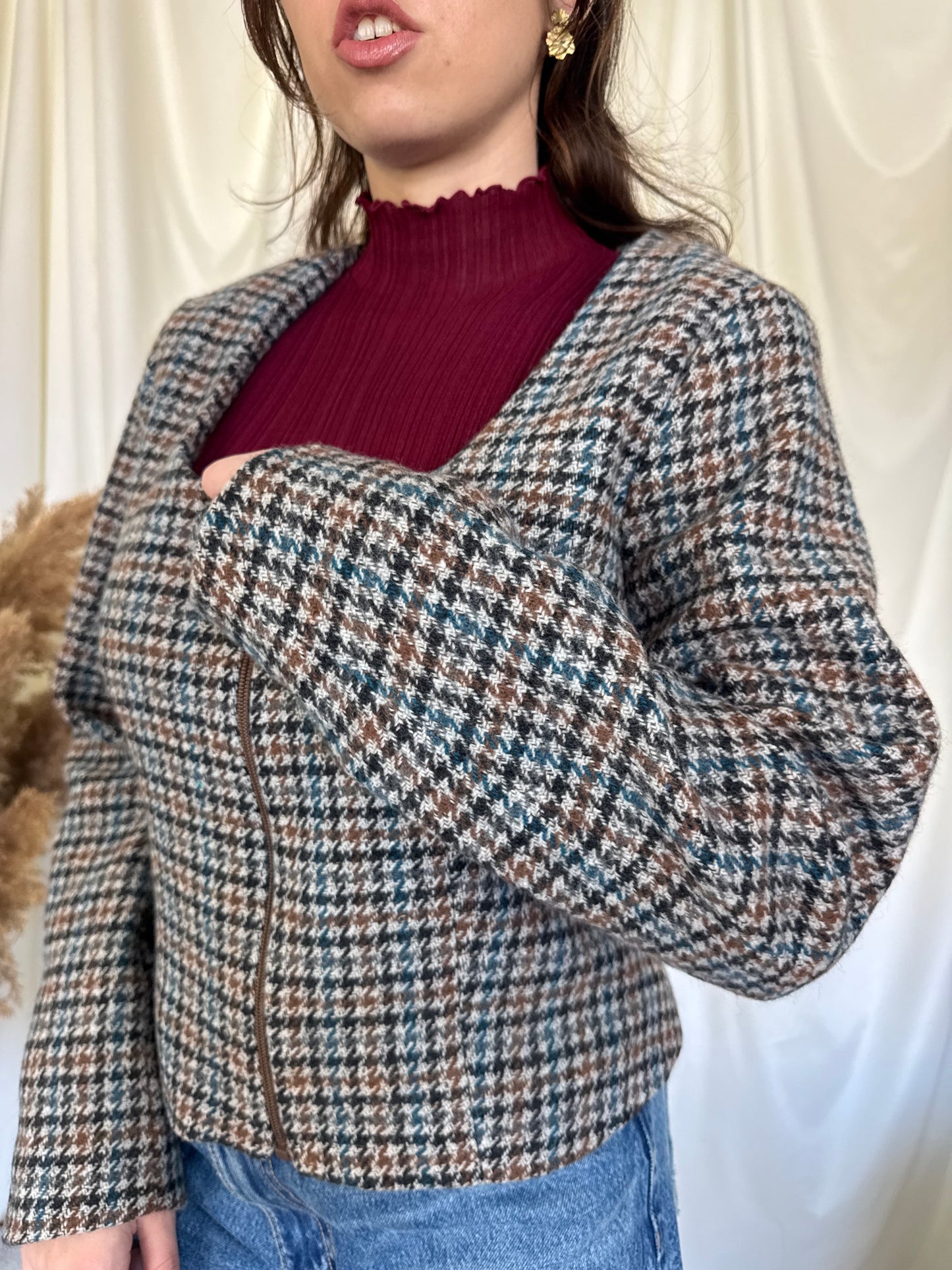 Sacou vintage- jacheta din stofă moale, închidere cu fermoar ( M/L)