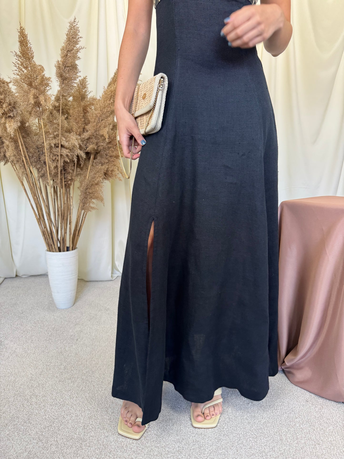 Rochie vintage din 100% in cu bretele din piele naturala întoarsă ( mărimea S/M)
