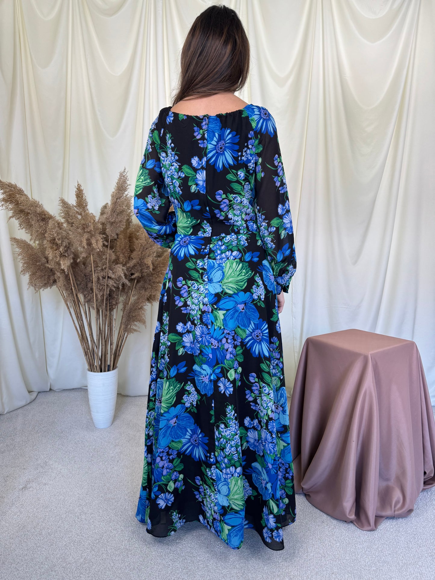 Rochie vintage cu print floral albastru și lungime maxi ( mărimea 40/M-L)