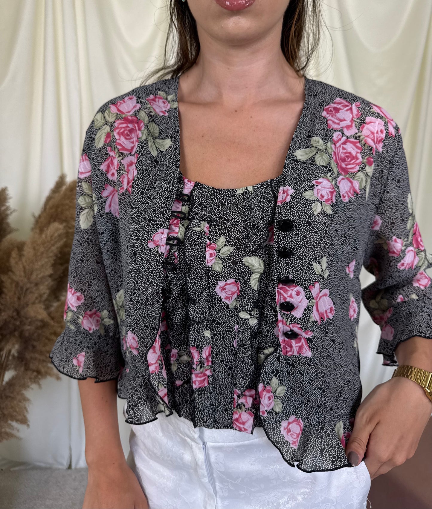 Set premium SPORTALM cu print floral: sacou + top tip corset 
(Mărimea S)