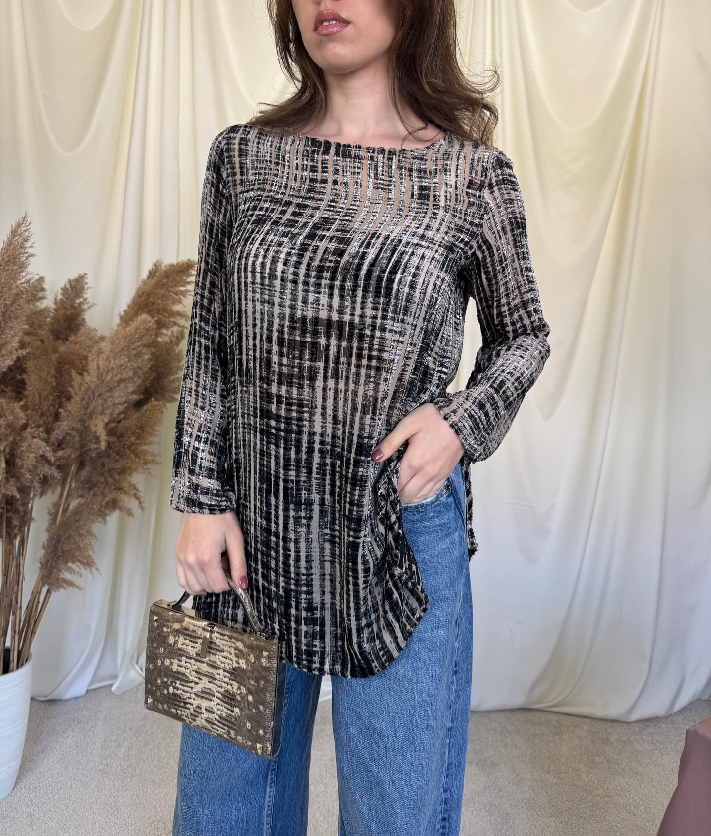 Bluza-tunică MAX MARA din vâscoză și mătase naturala cu detalii din catifea (Mărimea M)