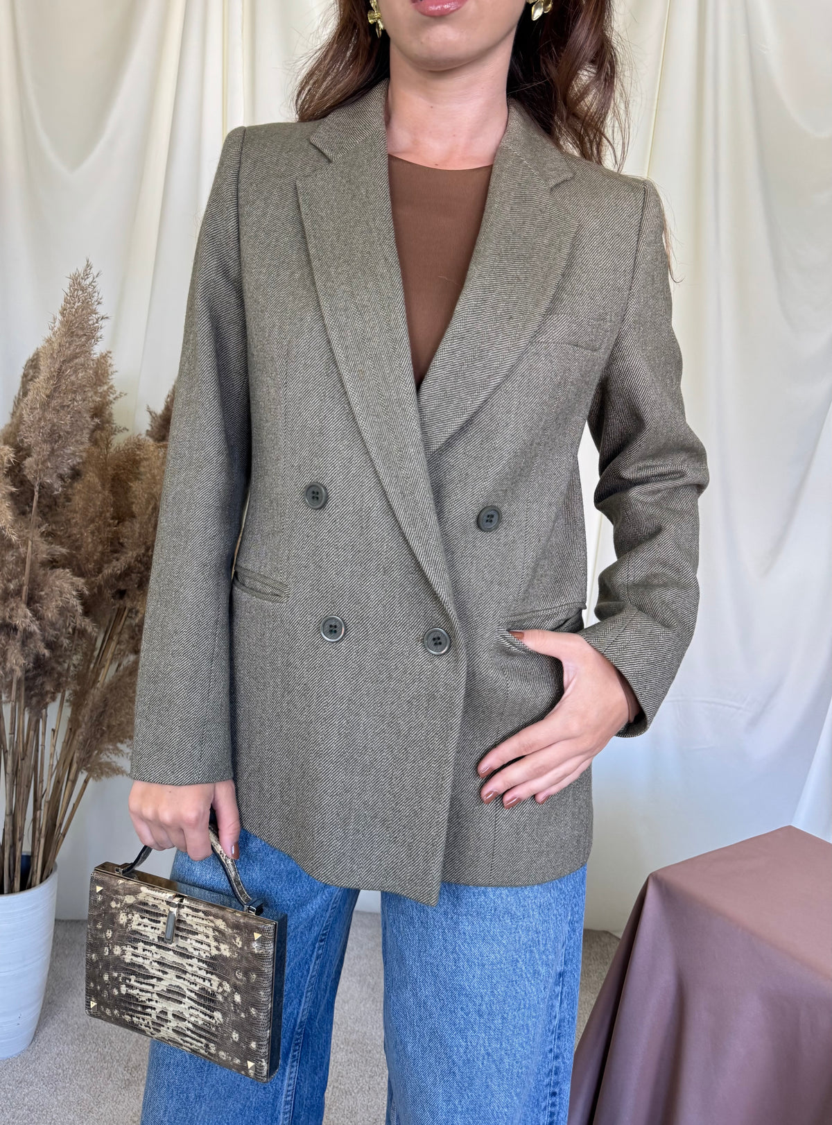 Sacou vintage verde olive din 100% lână la rând dublu de nasturi ( mărimea S/M)