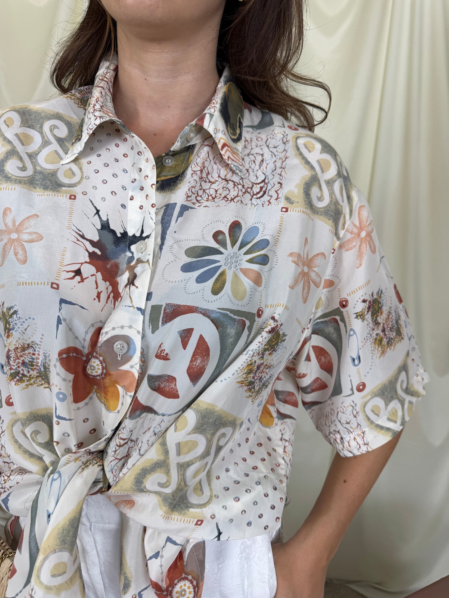 Cămașă vintage cu print din 100% mătase naturală ( mărimea XL-XXL)