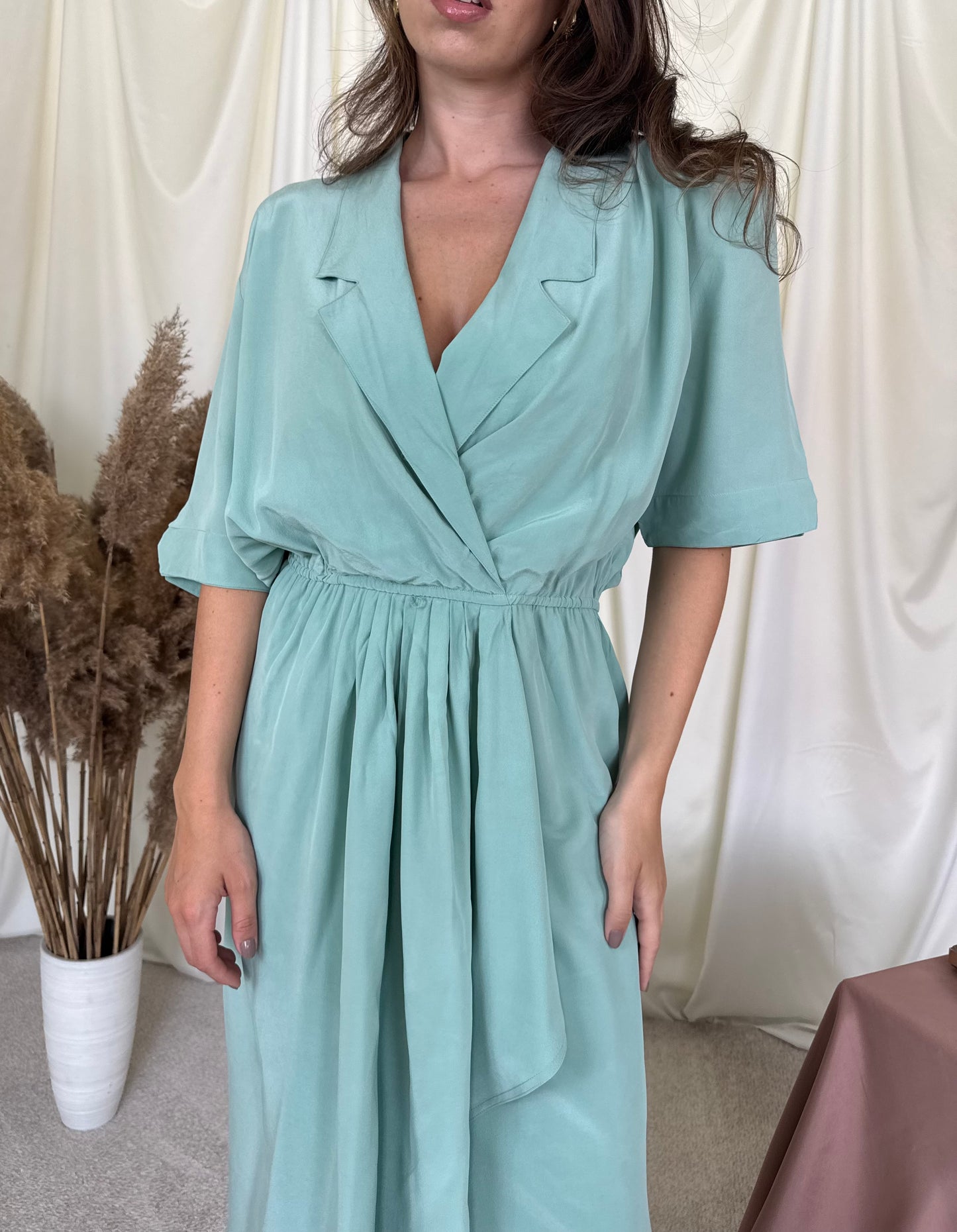 Rochie vintage din 100% mătase naturala cu talie elastică ( mărimea L/XL)