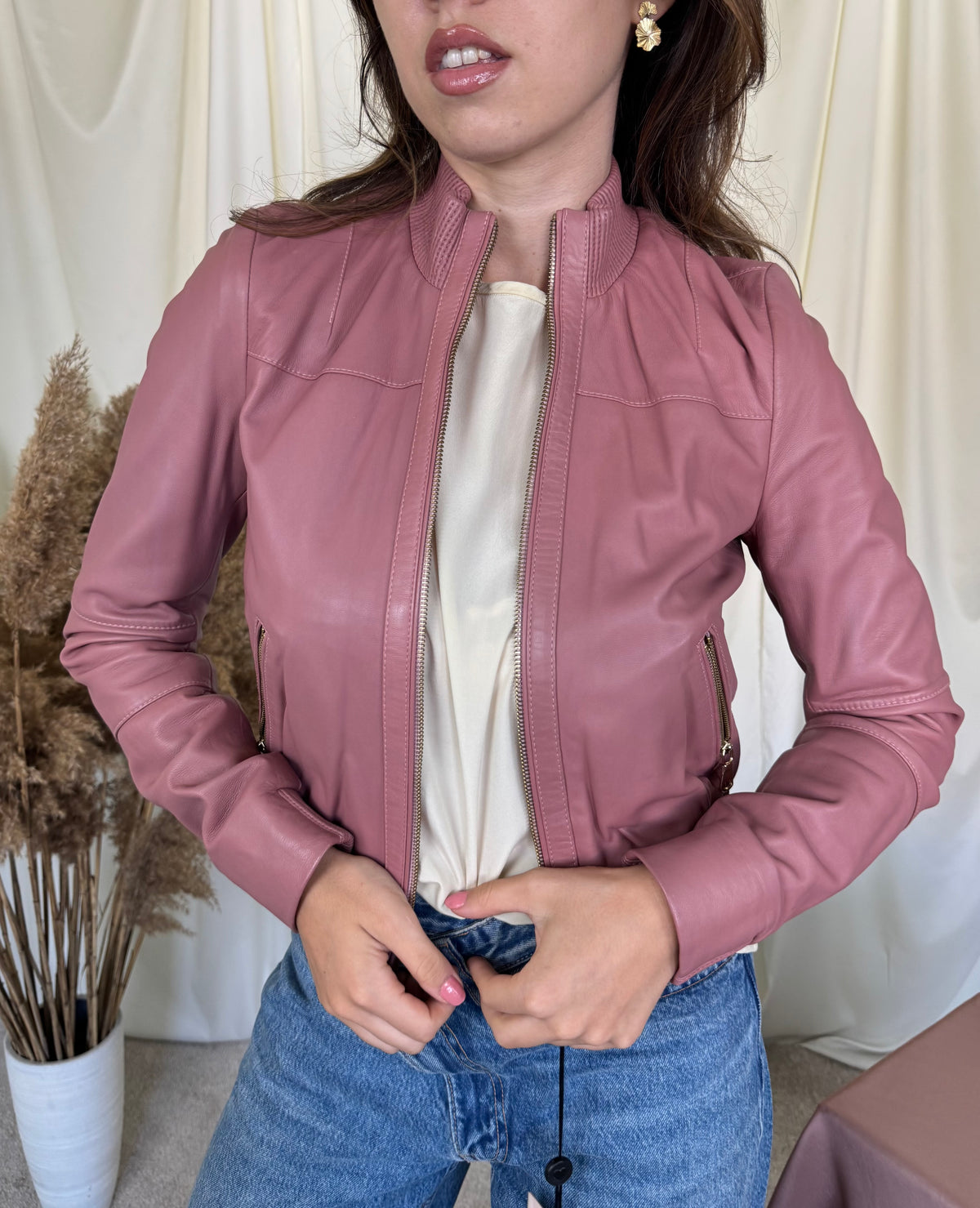 Jacheta tip bomber TWINSET din piele naturală extrem de fină, produs nou, baby pink ( mărimea xs/s)