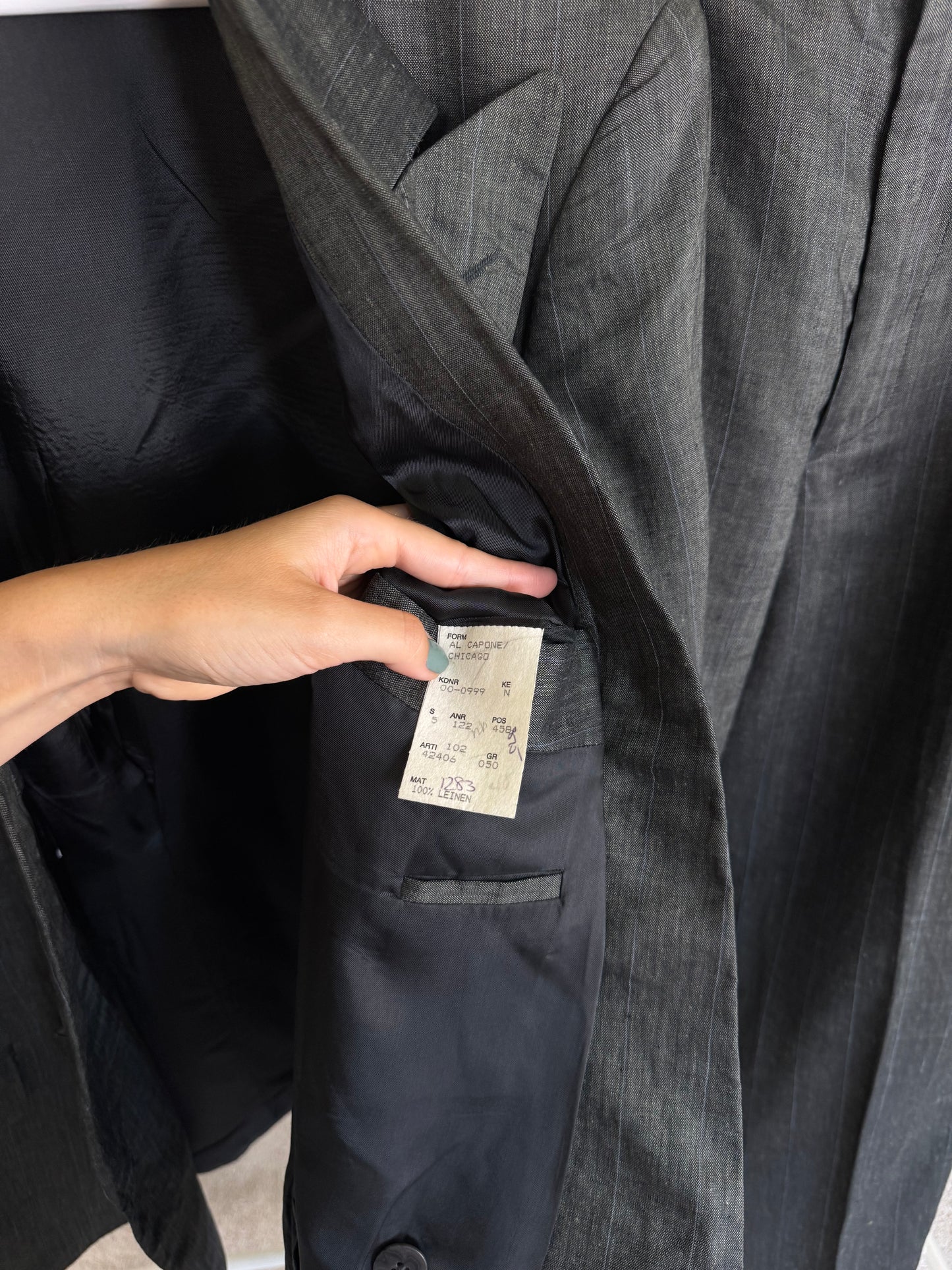 Costum HUGO BOSS din 100% in, verde închis cu dungi fine, pantalon cu talie înaltă (Mărimea L)