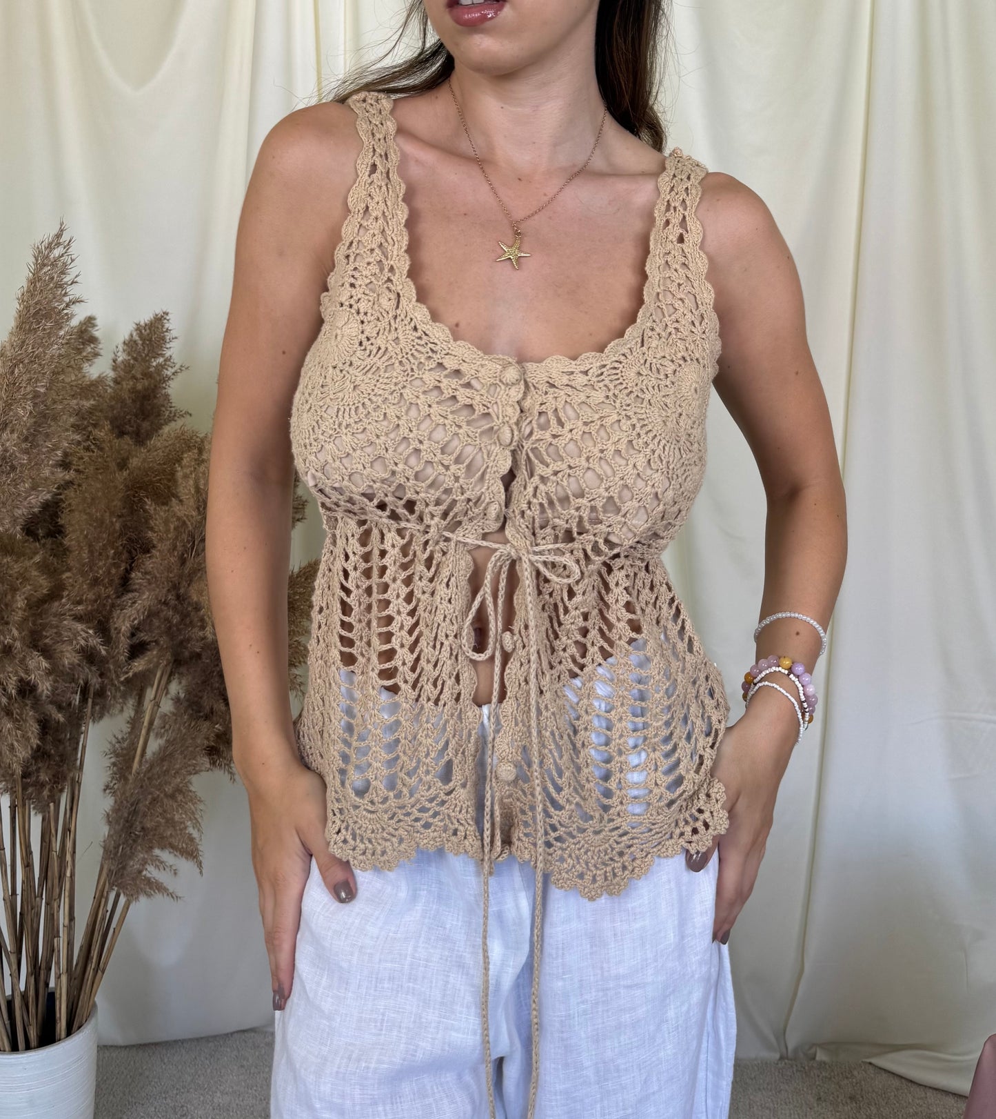 Top macrame crem din bumbac cu talie ajustabilă ( mărimea M)