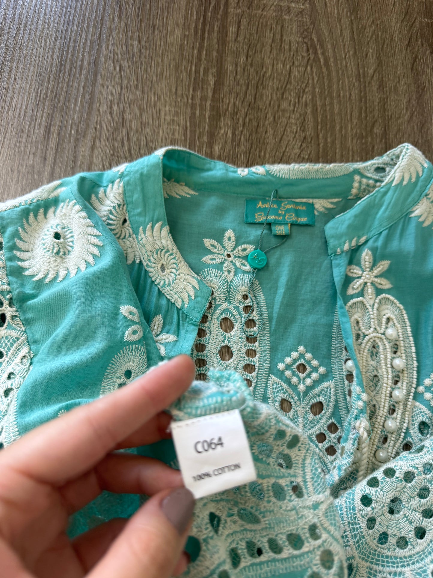 Rochie de vară/ plajă din 100% bumbac, print turcoaz cu alb și broderii ( mărimea M)