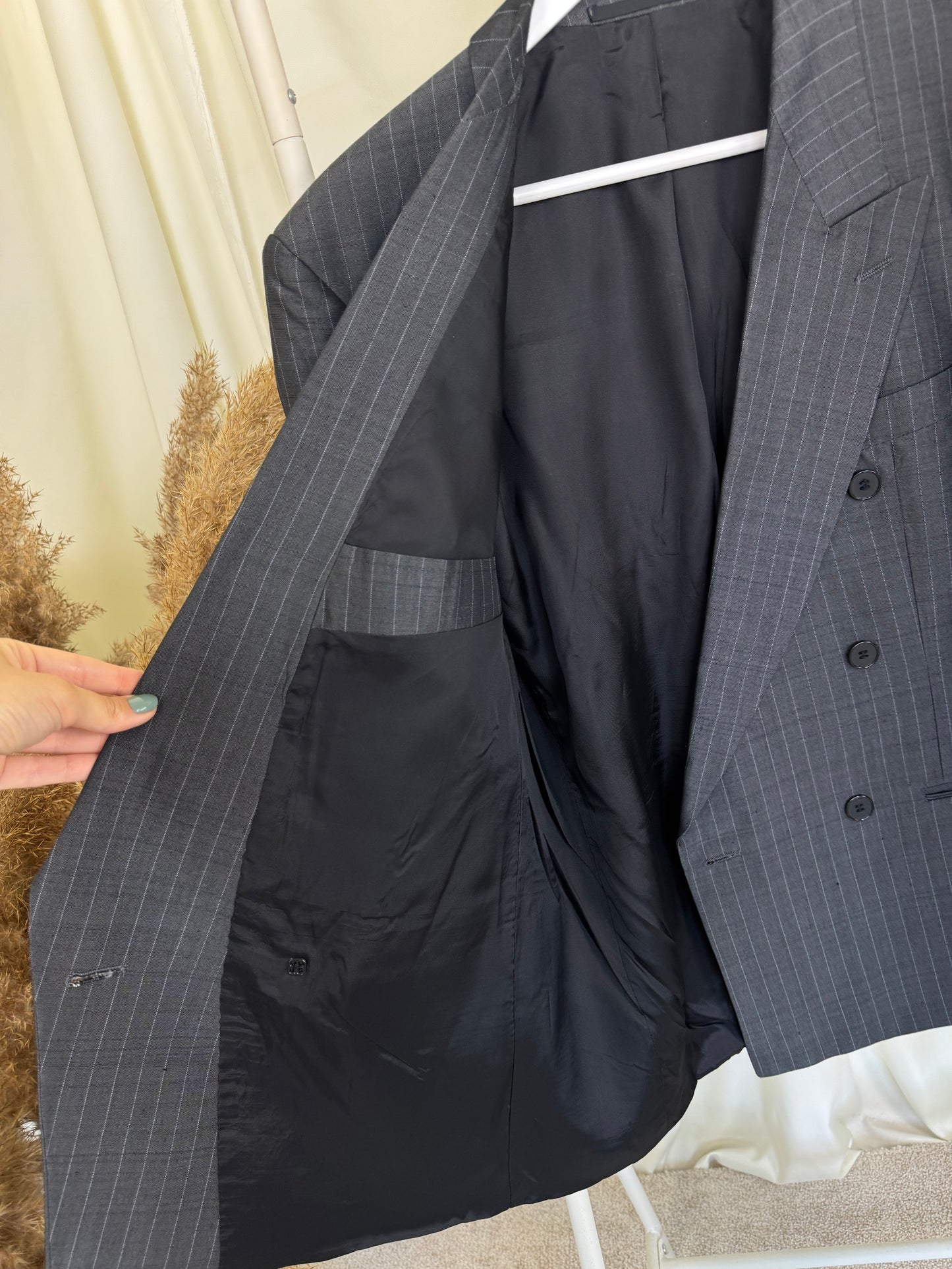 Costum vintage elegant din stofă de vară: vascoza, acetat și mătase naturală, pantalon cu talie înaltă  (Mărimea M)