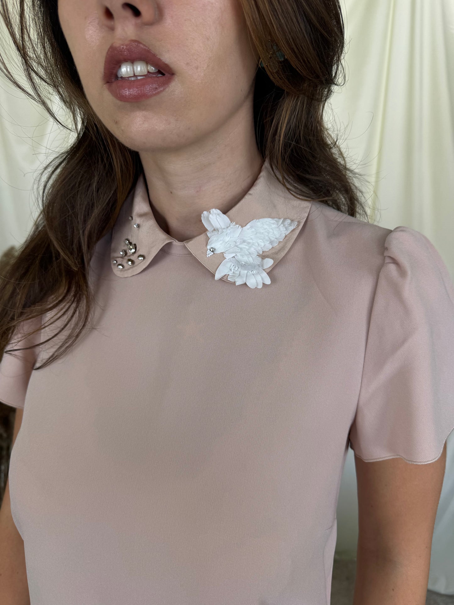 Rochie Red Valentino dusty pink în croi feminin și guler cu aplicații ( mărimea S)