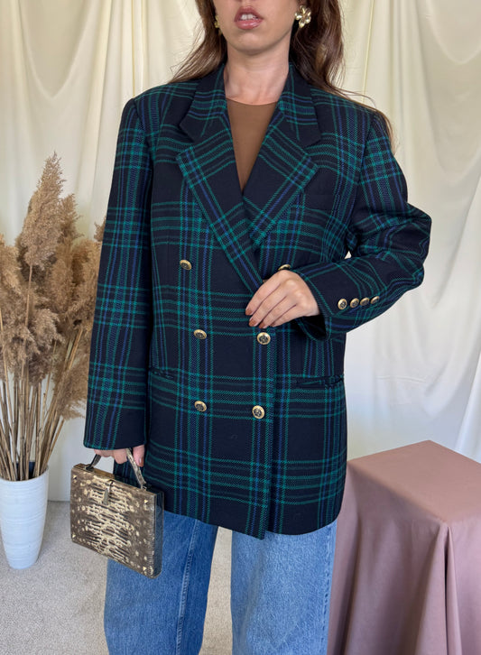 Sacou vintage DELMOD din stofă premium 100% lana cu print tartan și nasturi bijuterie ( mărimea L/XL)
