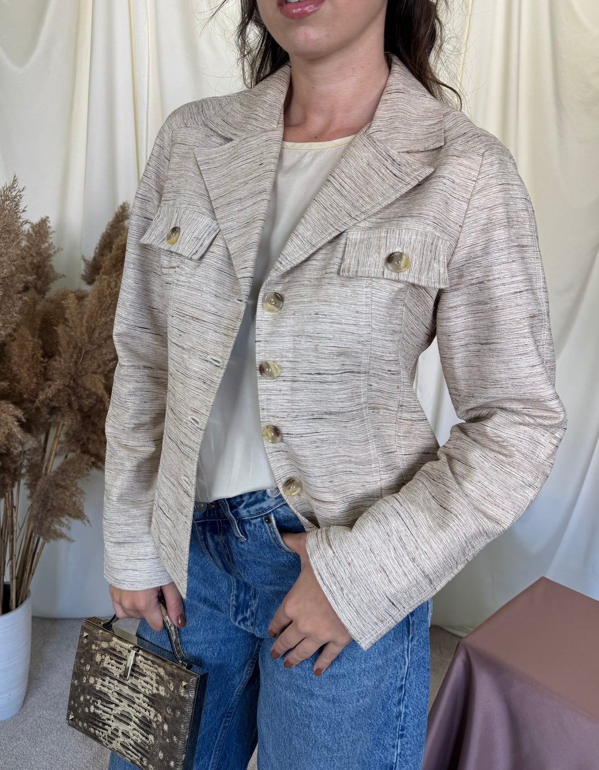 Sacou-jacheta vintage din  100% mătase naturală, bej ( mărimea S/M)