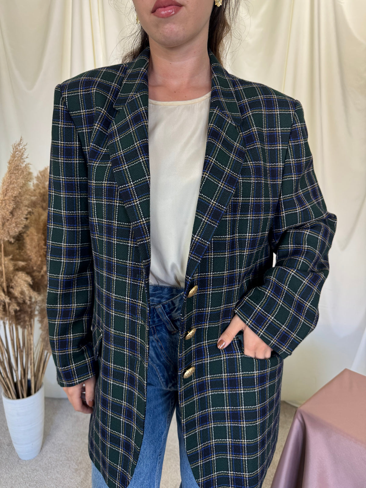 Sacou vintage din stofă cu print 100% lana și nasturi bijuterie ( mărimea L/XL)