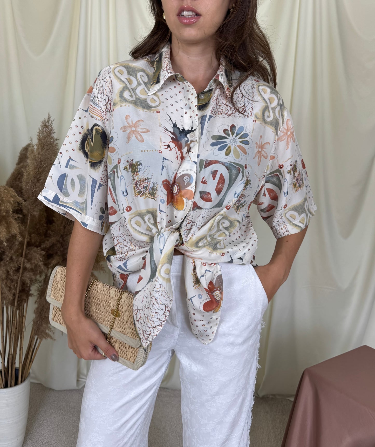 Cămașă vintage cu print din 100% mătase naturală ( mărimea XL-XXL)