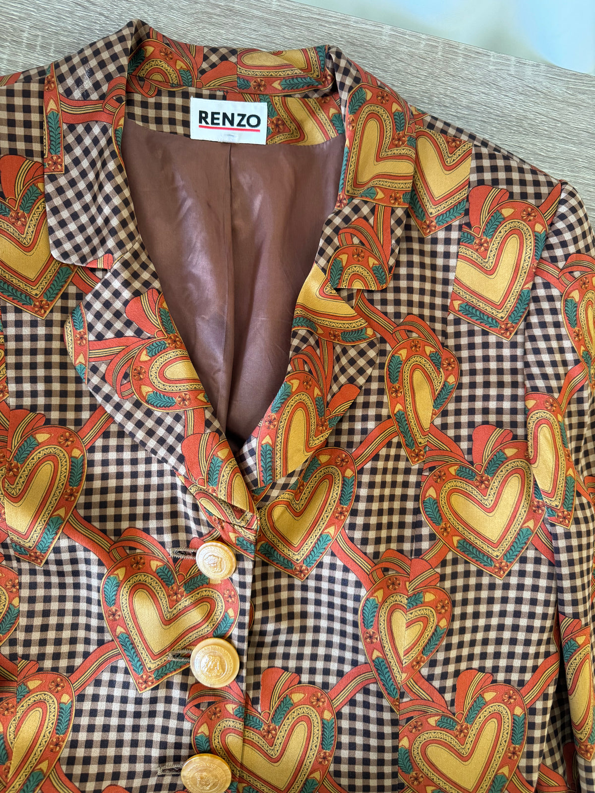 Sacou -jachetă vintage premium RENZO din 100% mătase cu print superb și nasturi masivi ( mărimea L)
