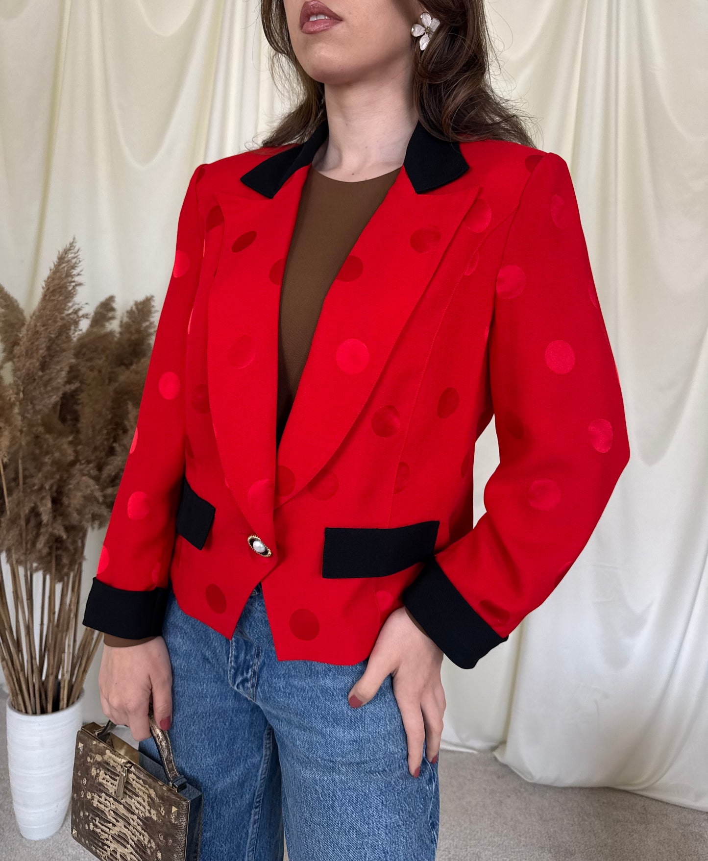 Sacou vintage elegant cu nasturi bijuterie și print buline 
(Mărimea M)