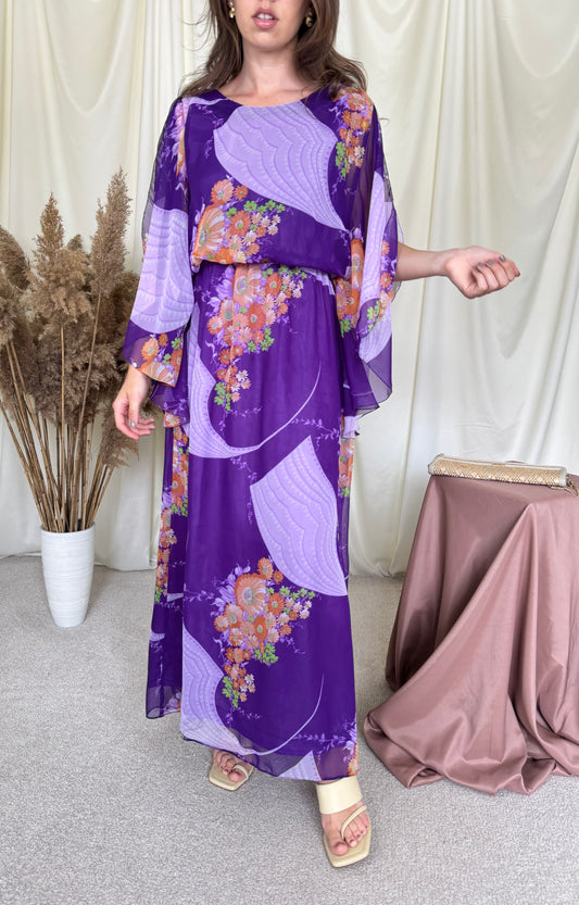 Rochie vintage cu mâneci spectaculoase și talie elastică, print mov floral ( mărimea S)