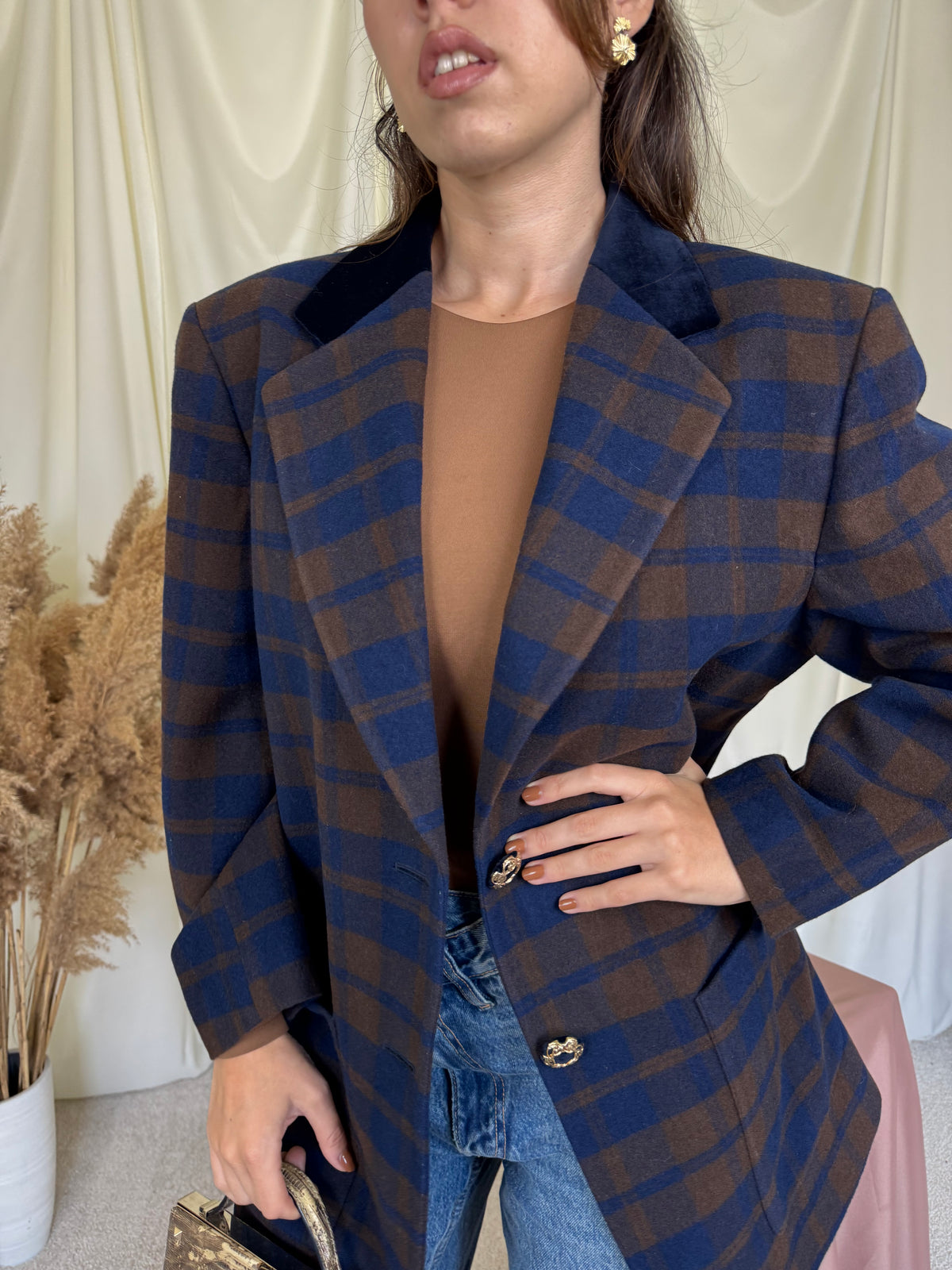 Sacou vintage spectaculos tip palton din stofă premium de lână și cașmir, nasturi bijuterie ( mărimea L/XL)