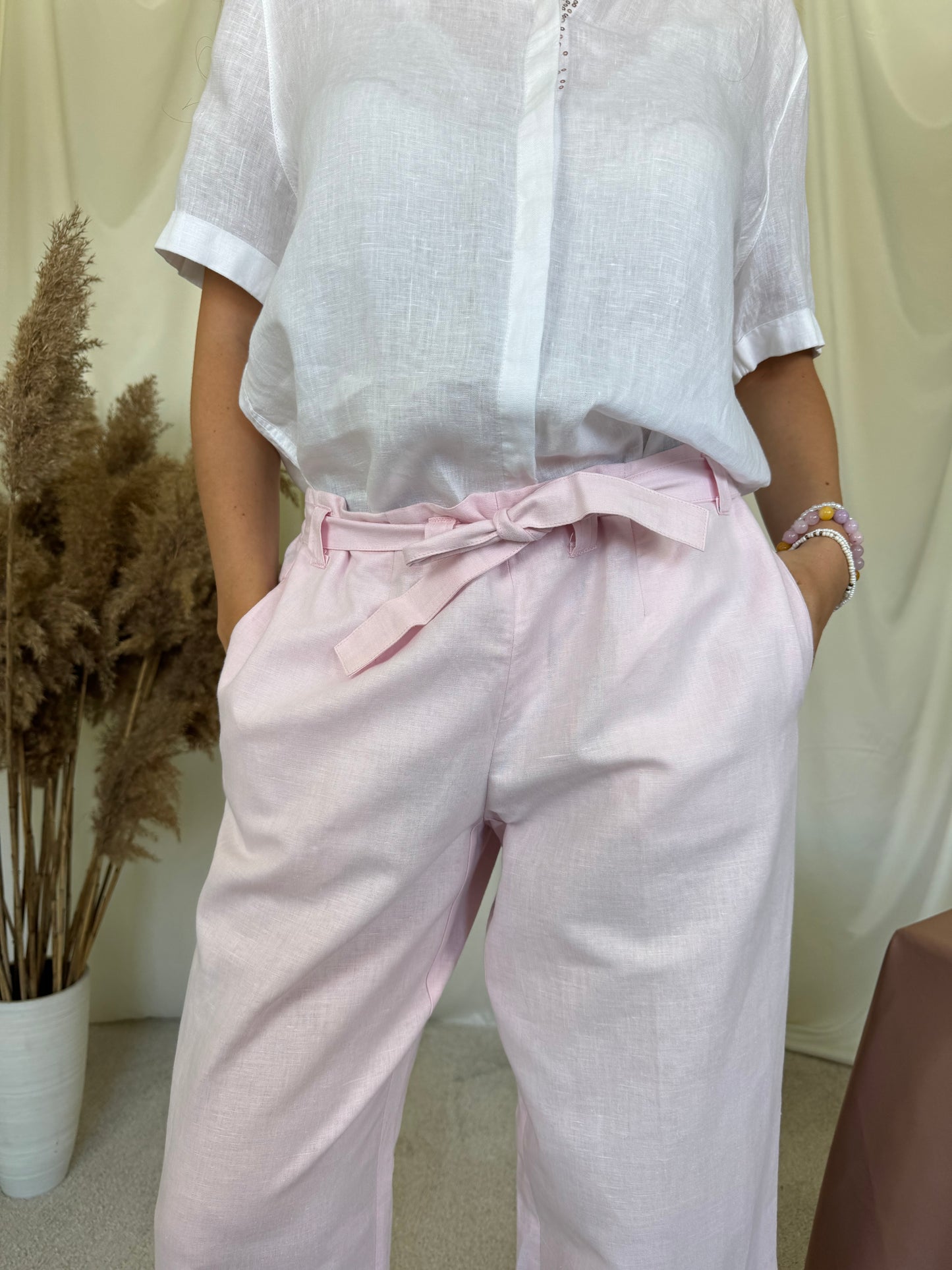 Pantalon roz de vară din in și bumbac cu talie elastică + curea pentru ajustare ( mărimea M)
