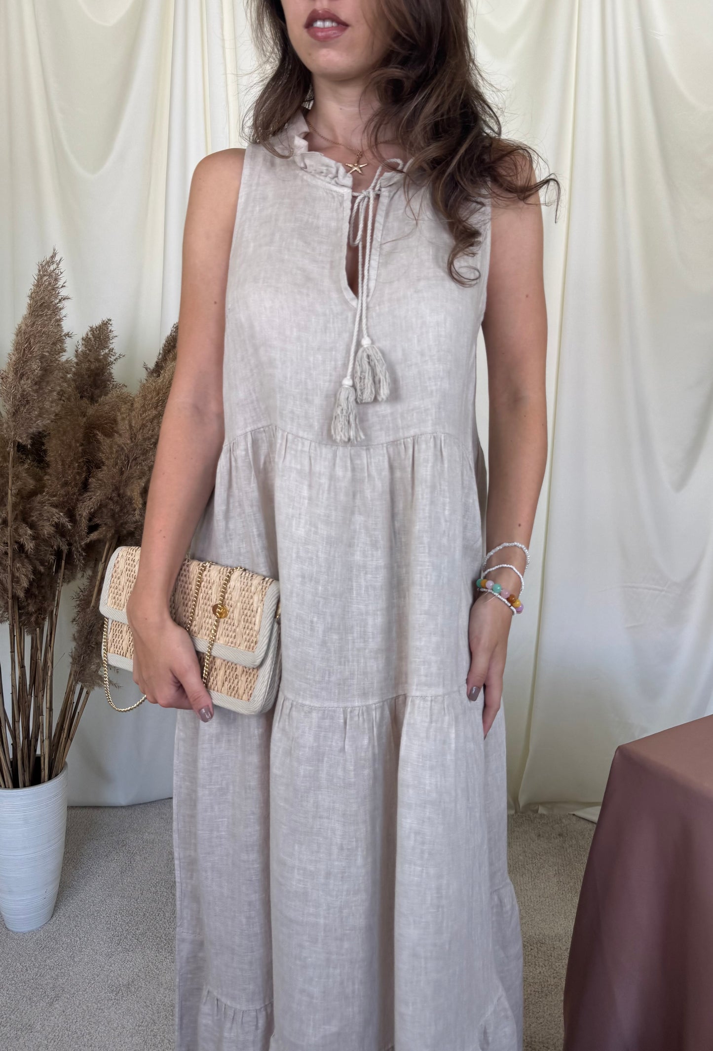 Rochie de vară din 100% in, croi amplu și lejer, bej- crem ( mărimea S- L)