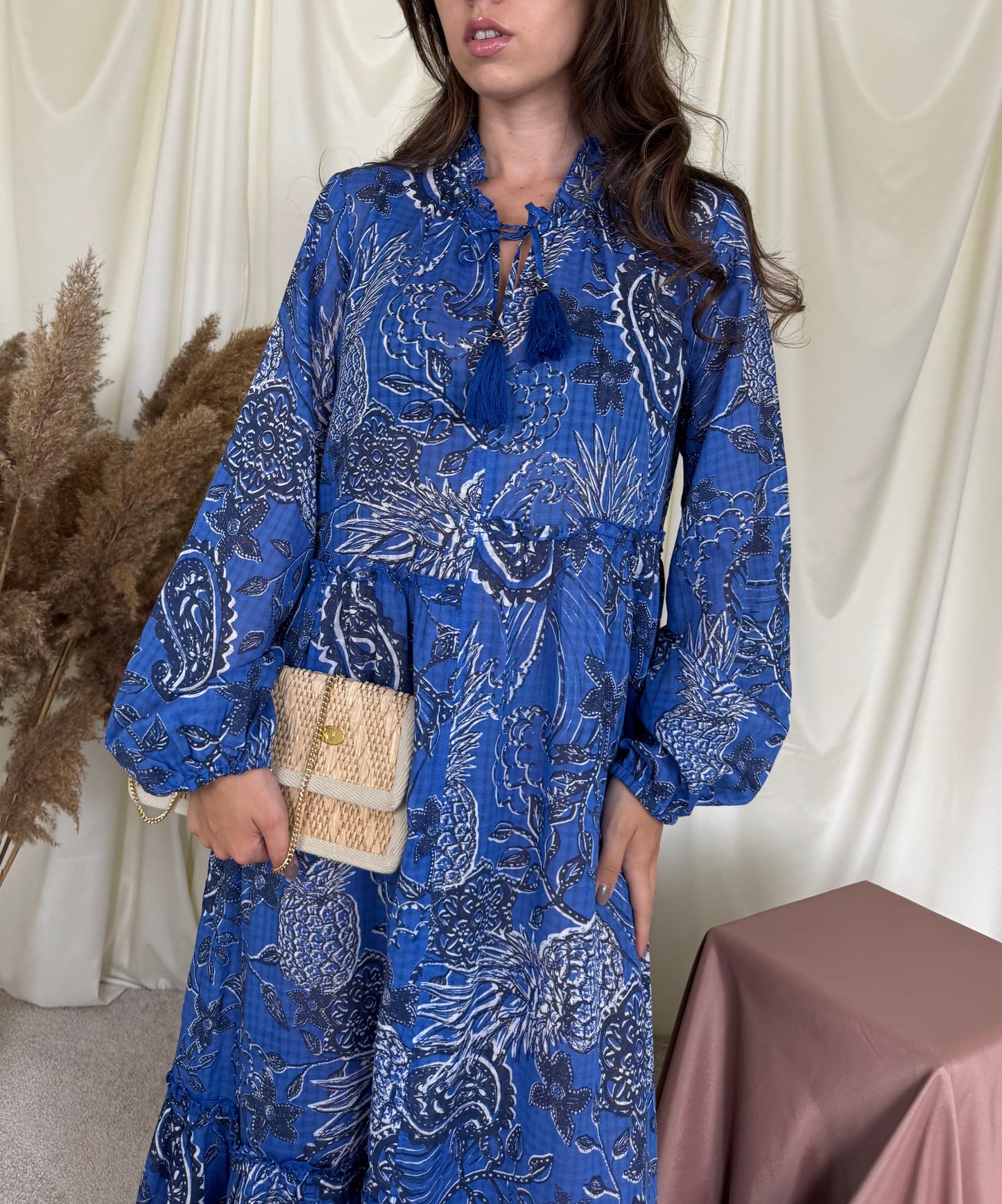 Rochie de vară cu print albastru, lungime maxi( mărimea L/LX)