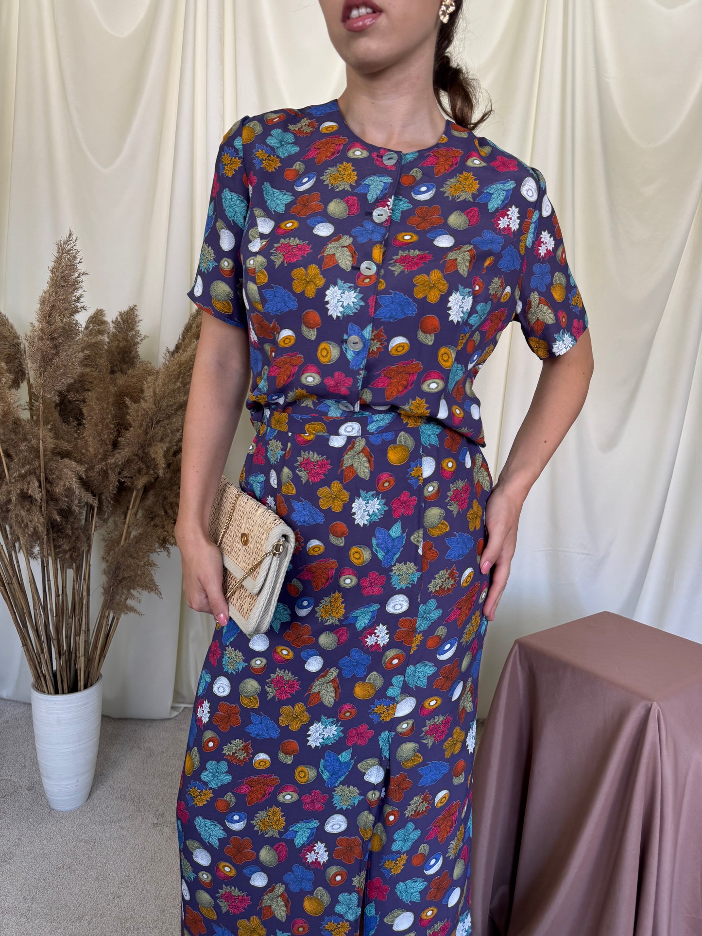 Set vintage cu print fructe, cămașă + fusta ( mărimea M)