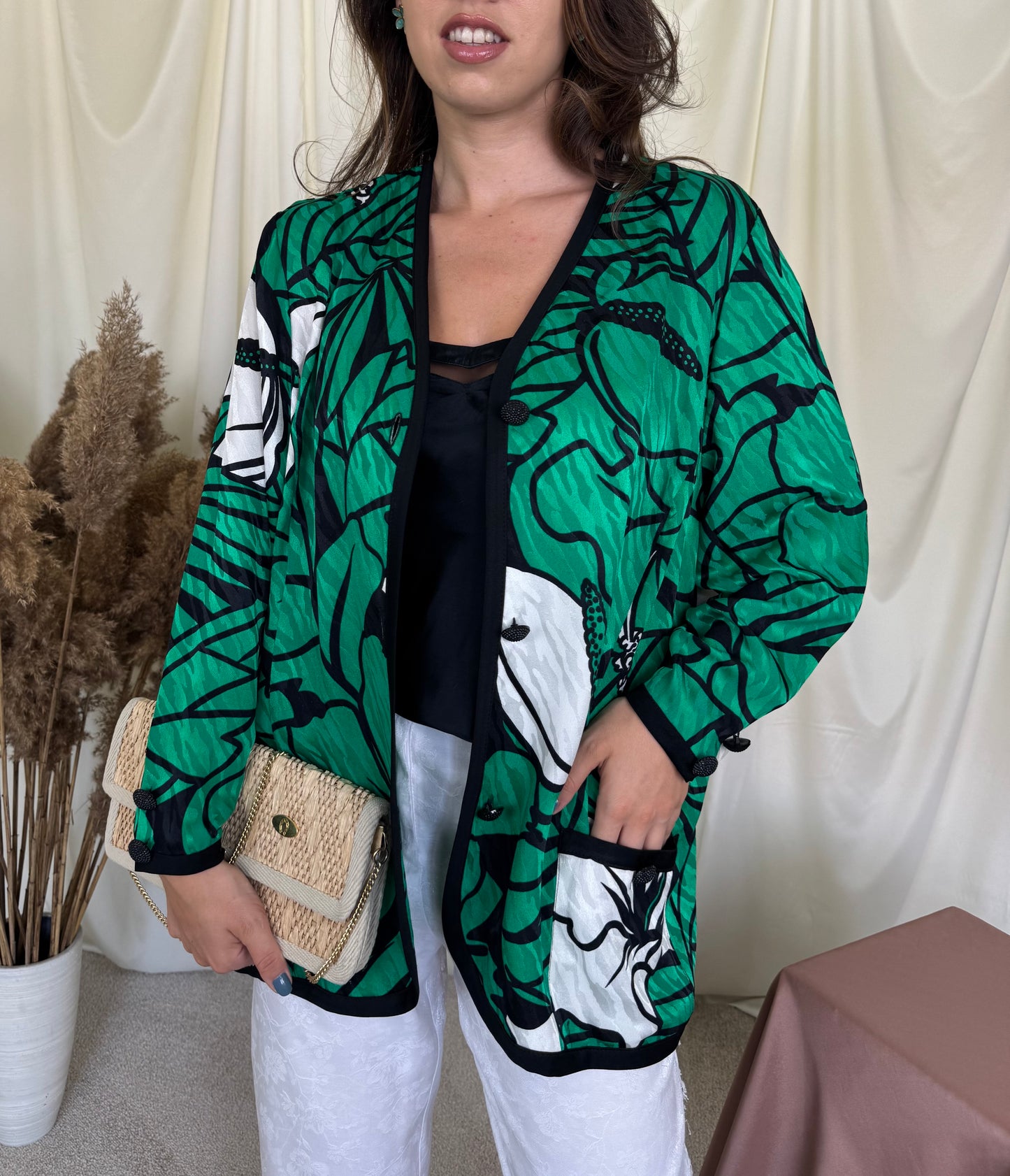 Cămașă - sacou vintage Liola din mătase și acetat ( mărimea L-XL)