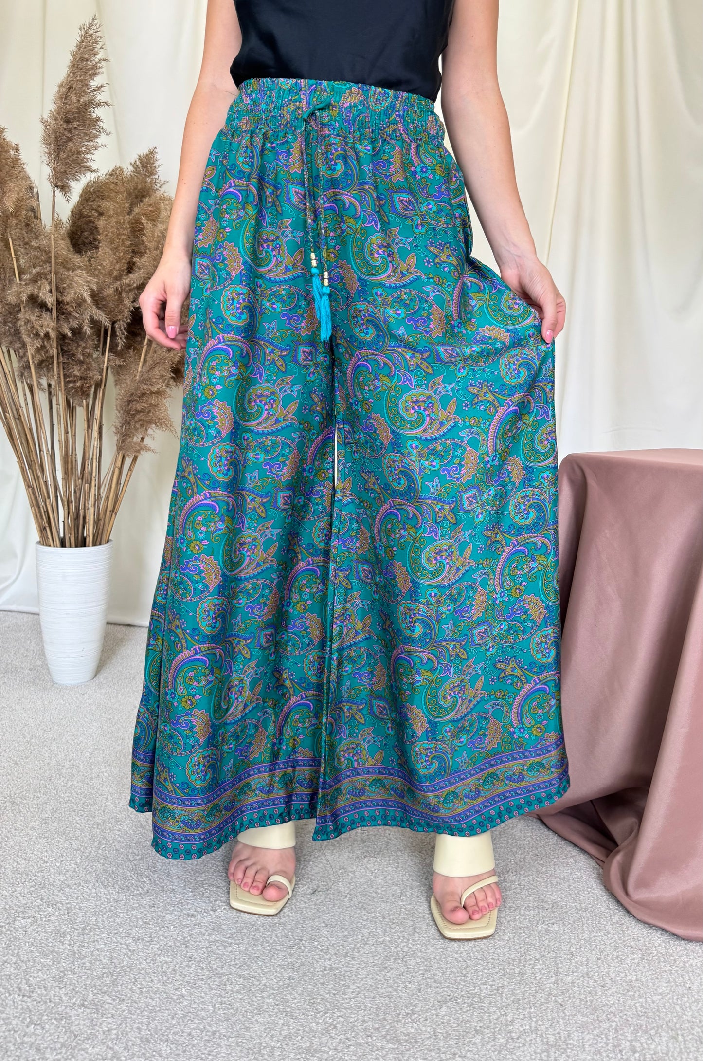 Pantalon de vară din 100% mătase cu print, talie elastică ( mărime universală S-L)
