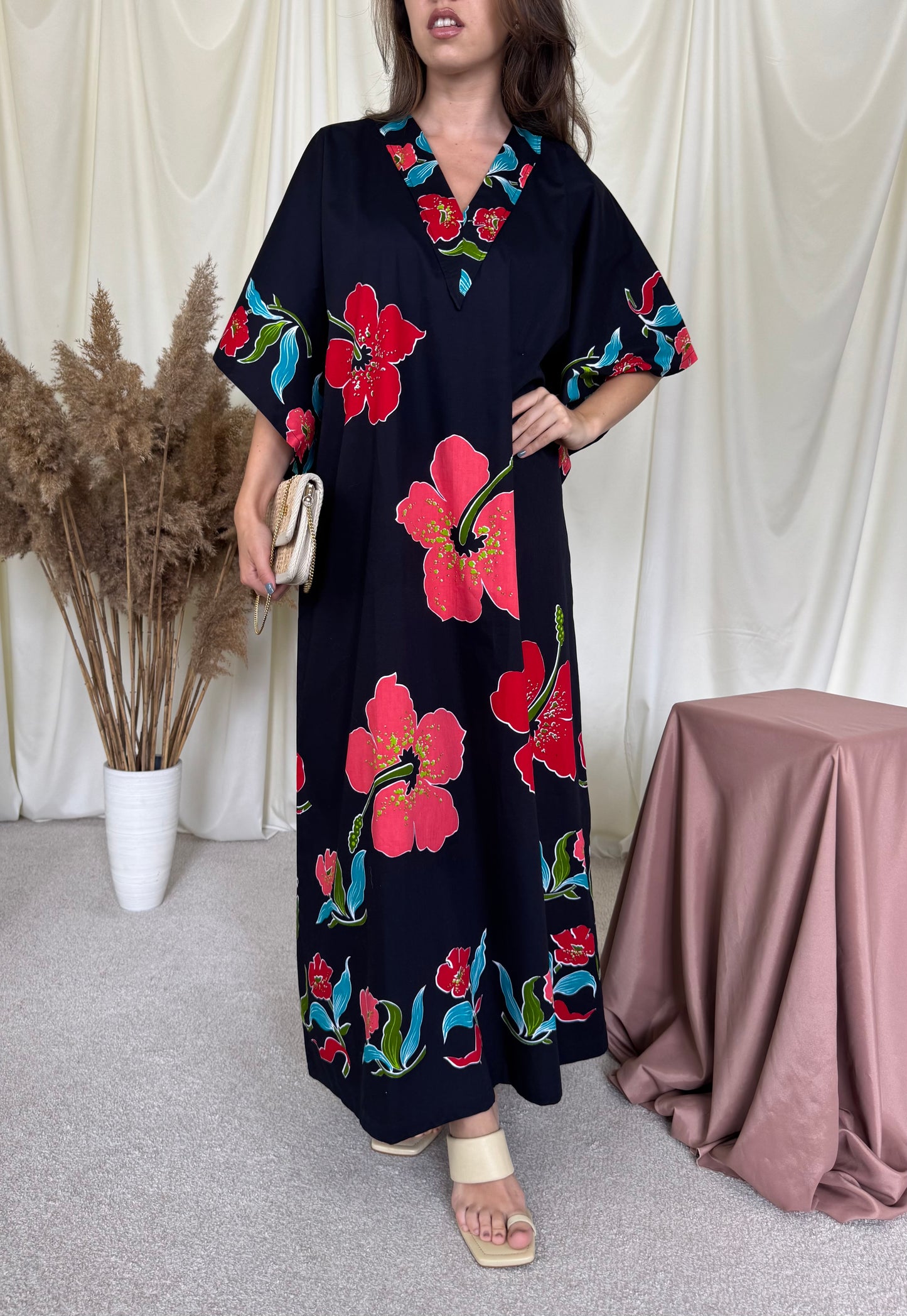 Rochie tip kaftan din bumbac cu print floral din 100% bumbac ( mărimea XL)