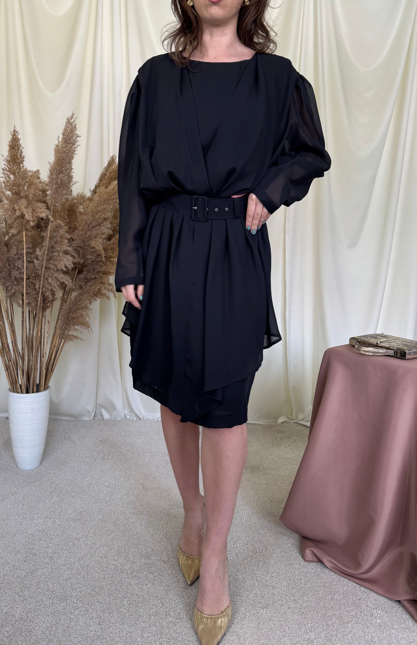 Rochie elegantă vintage cu talie elastică și centura pentru ajustare 
(Mărimea L)