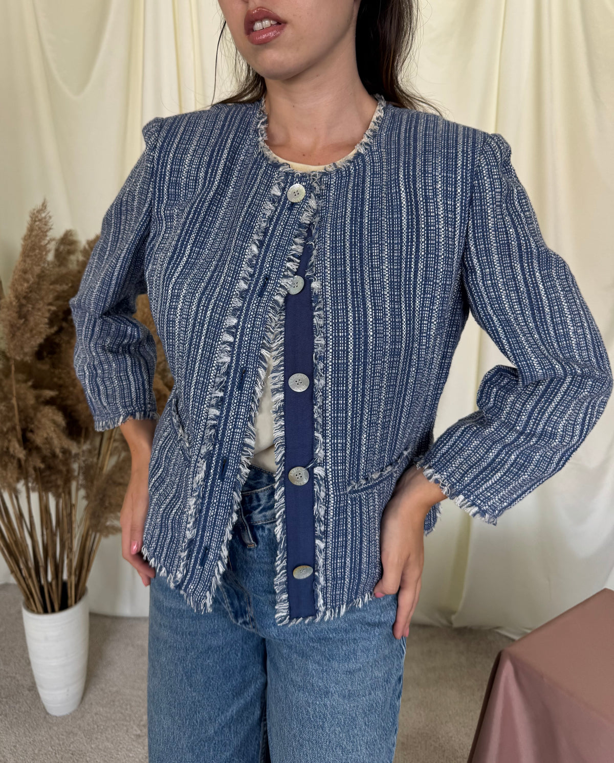 Sacou ARMANI jeans tip tweed din bumbac cu nasturi inscripționați  ( mărimea M)