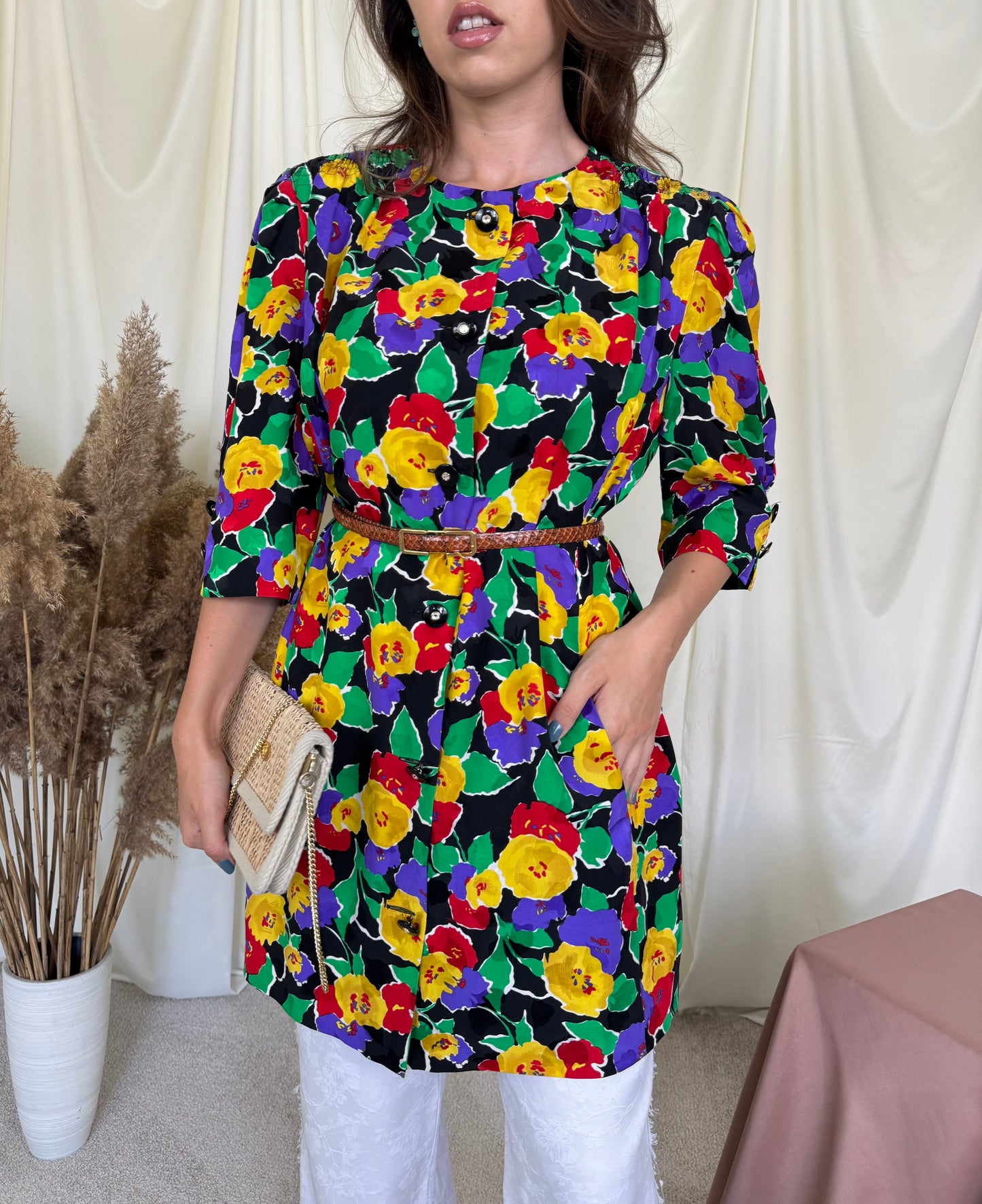 Cămașă lungă vintage cu print floral și buzunare laterale ( mărimea L-XL)
