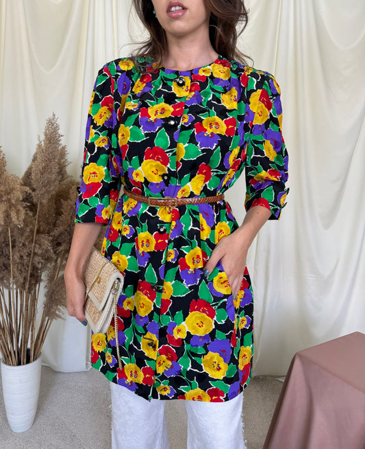 Cămașă lungă vintage cu print floral și buzunare laterale ( mărimea L-XL)