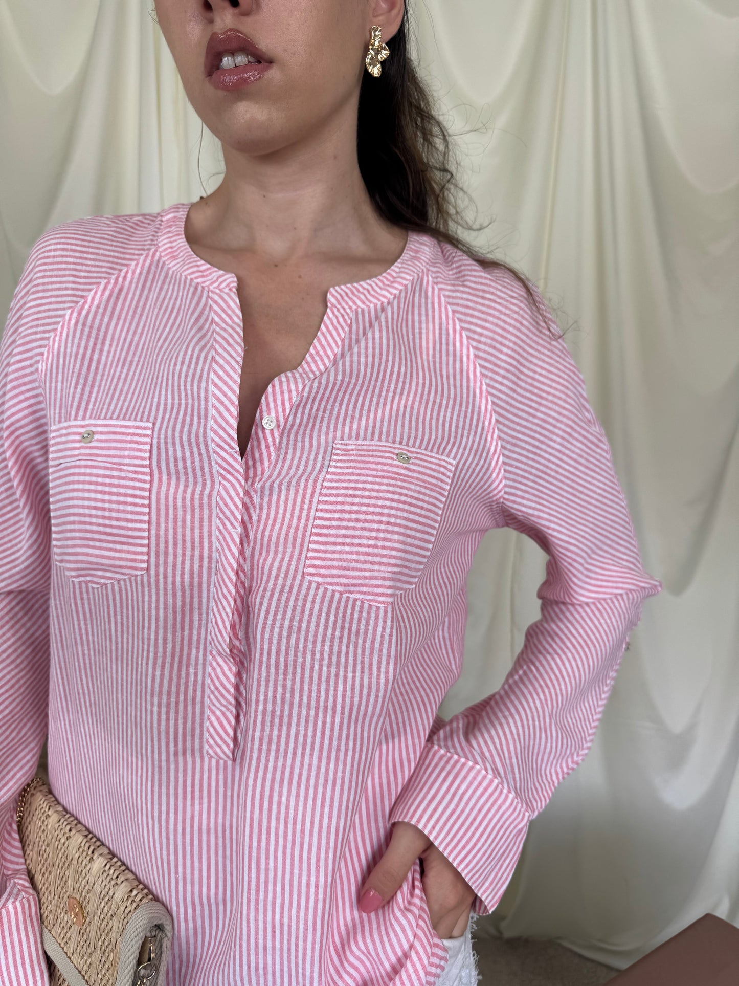 Cămașă Tommy H. Din bumbac și in cu print baby pink( mărimea S-M)