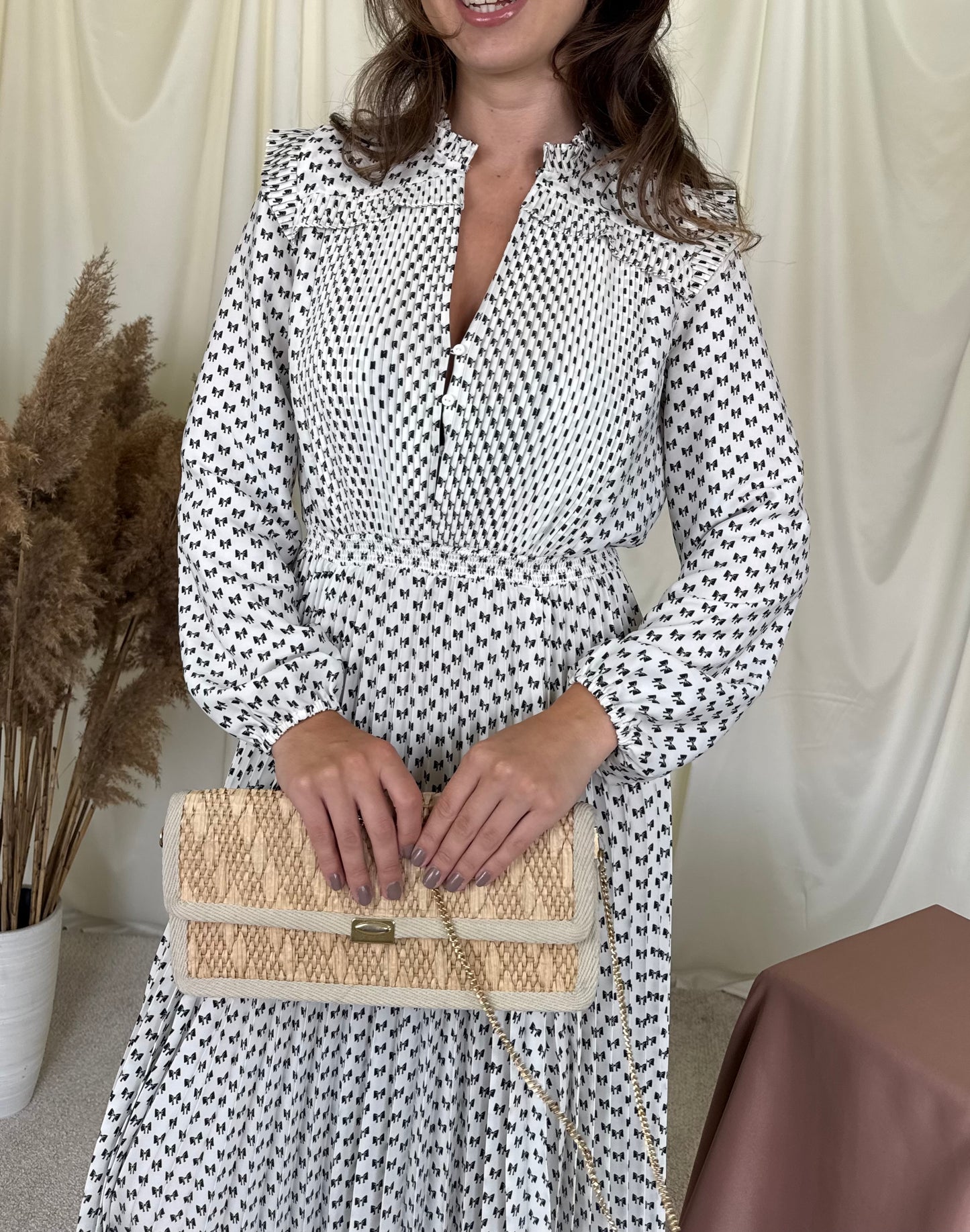 Rochie MAJE cu talie marcata elastică și print alb-negru 
(Mărimea S)