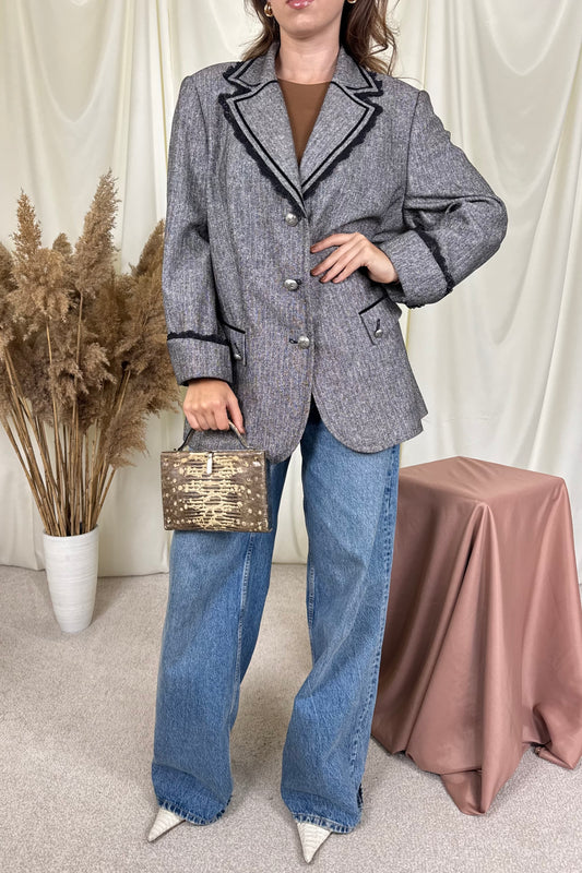 Sacou vintage din stofă superbă cu print din lână și mătase naturală, detalii din catifea și dantelă ( mărimea XL-XXL)