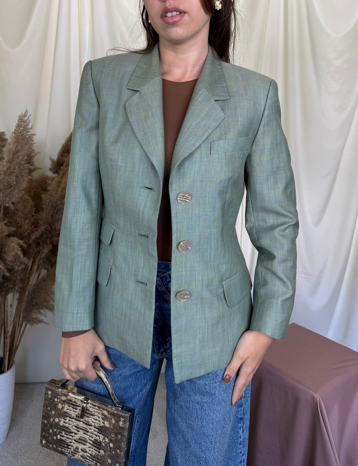 Back! Sacou premium ESCADA din stofă exclusivă de lână super 120’ și mătase naturală, nasturi perla ( mărimea S)