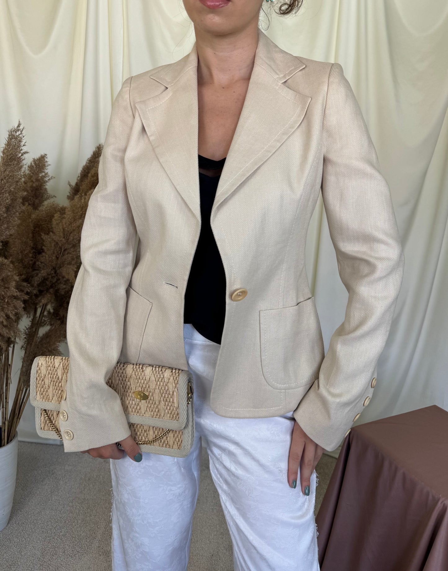 Sacou luxury VALENTINO de vară din cânepă, in și bumbac cu nasturi inscripționați ( mărimea S)