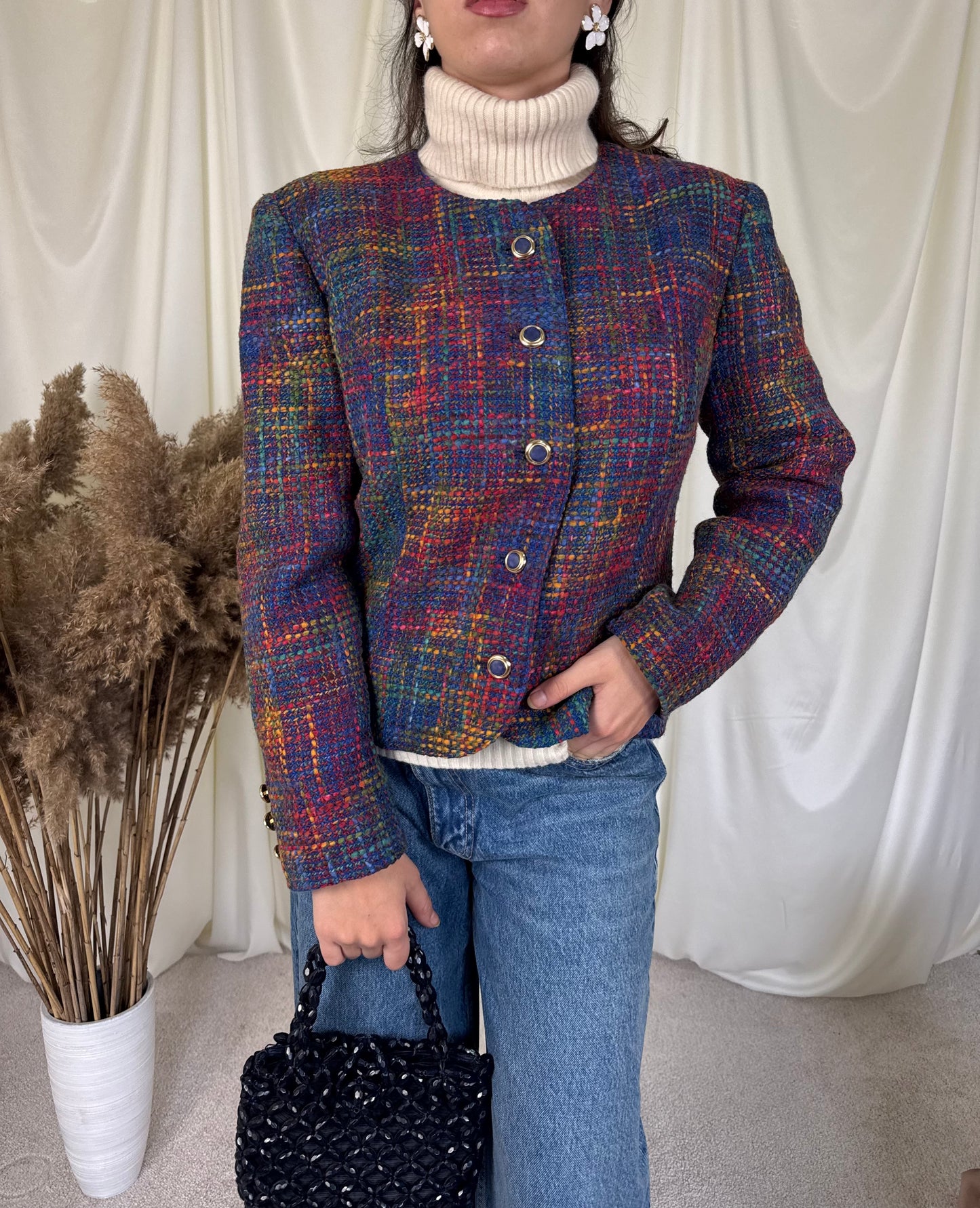 Jacheta vintage din tweed, nasturi tip bijuterie