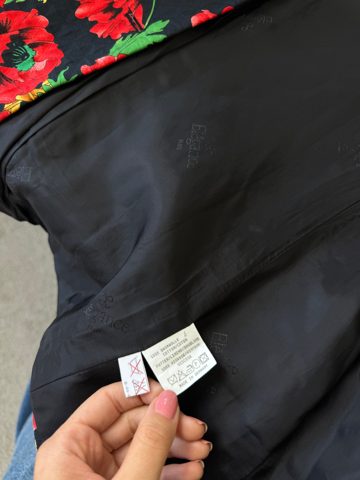 Jacheta vintage premium Elegance Paris cu print superb de maci și nasturi tip bijuterie, produs în stare excelentă ( mărimea M/L)