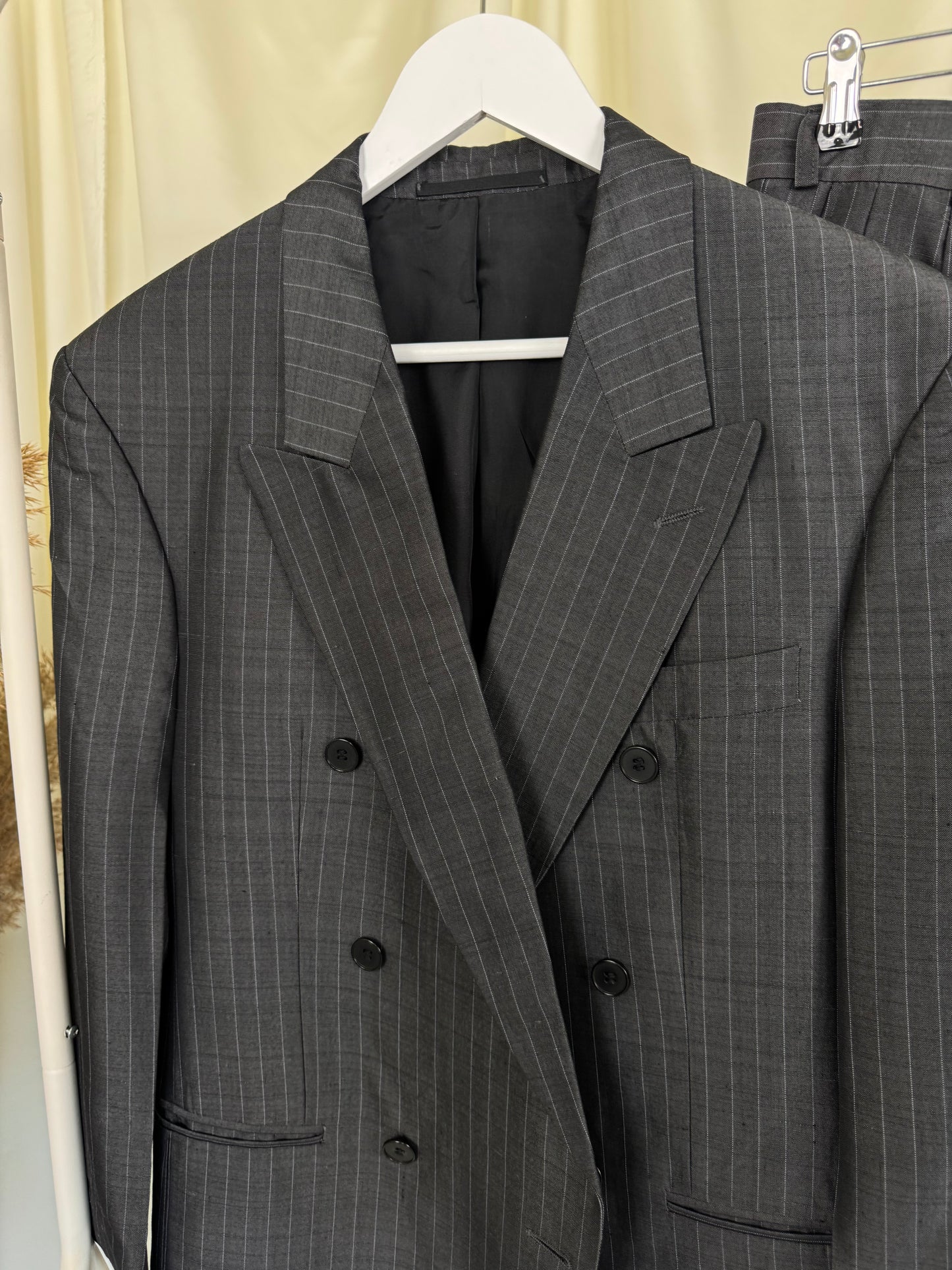 Costum vintage elegant din stofă de vară: vascoza, acetat și mătase naturală, pantalon cu talie înaltă  (Mărimea M)