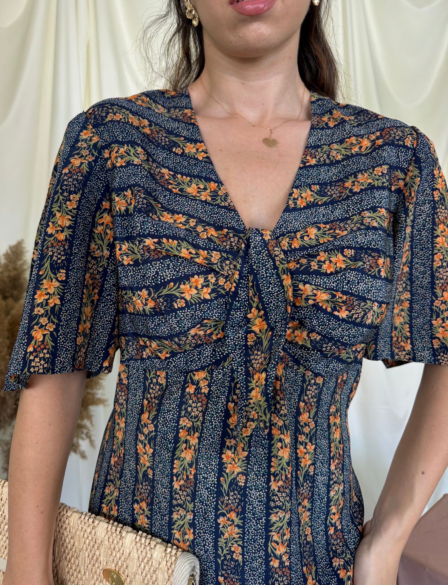 Rochie vintage din 100% matase naturala cu print, produs unicat ( mărimea M/L)