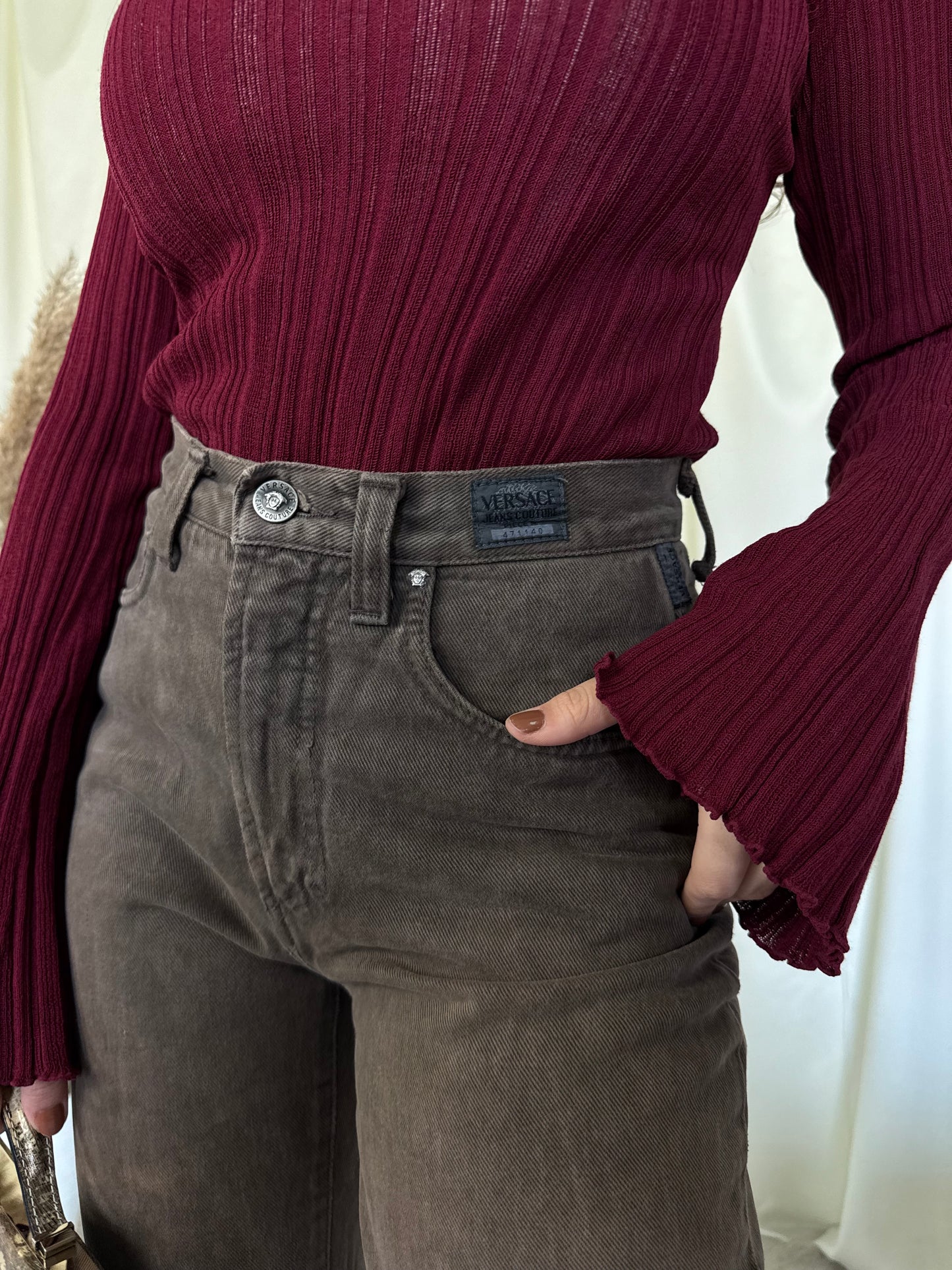 Blug vintage VERSACE cu talie înaltă, denim din bumbac ( XS/S)