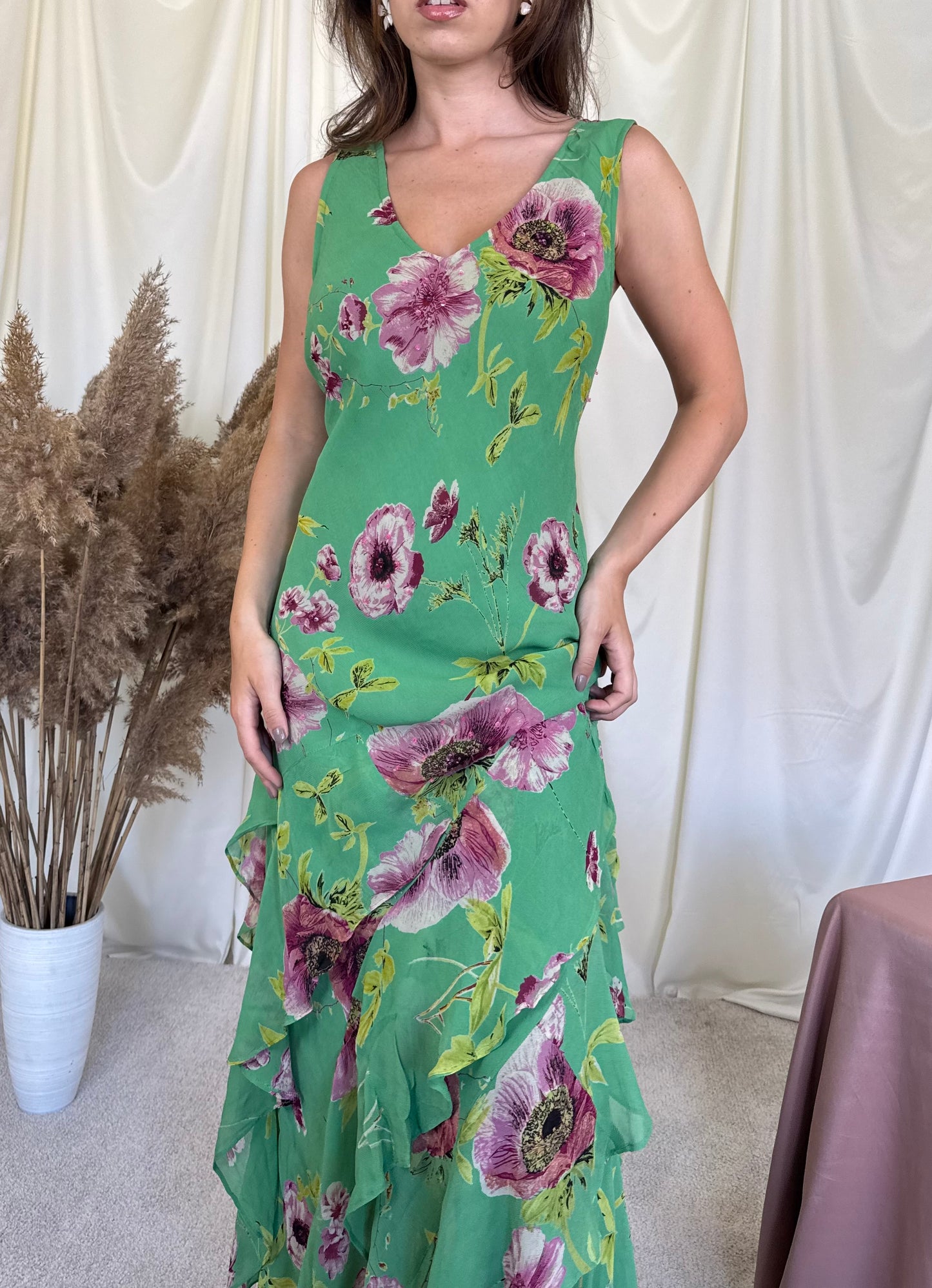 Rochie vintage cu print floral și aplicații de mărgele și paiete super finute 
(Mărimea L)