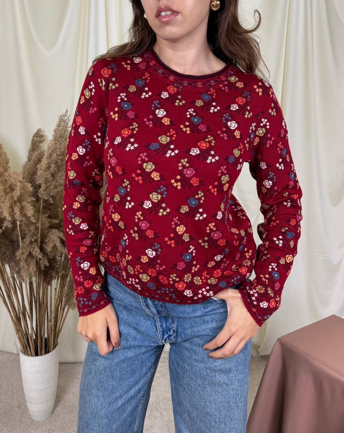 Pulover din lână moale și bumbac bio cu print floral, țesătură dublă ( mărimea S )