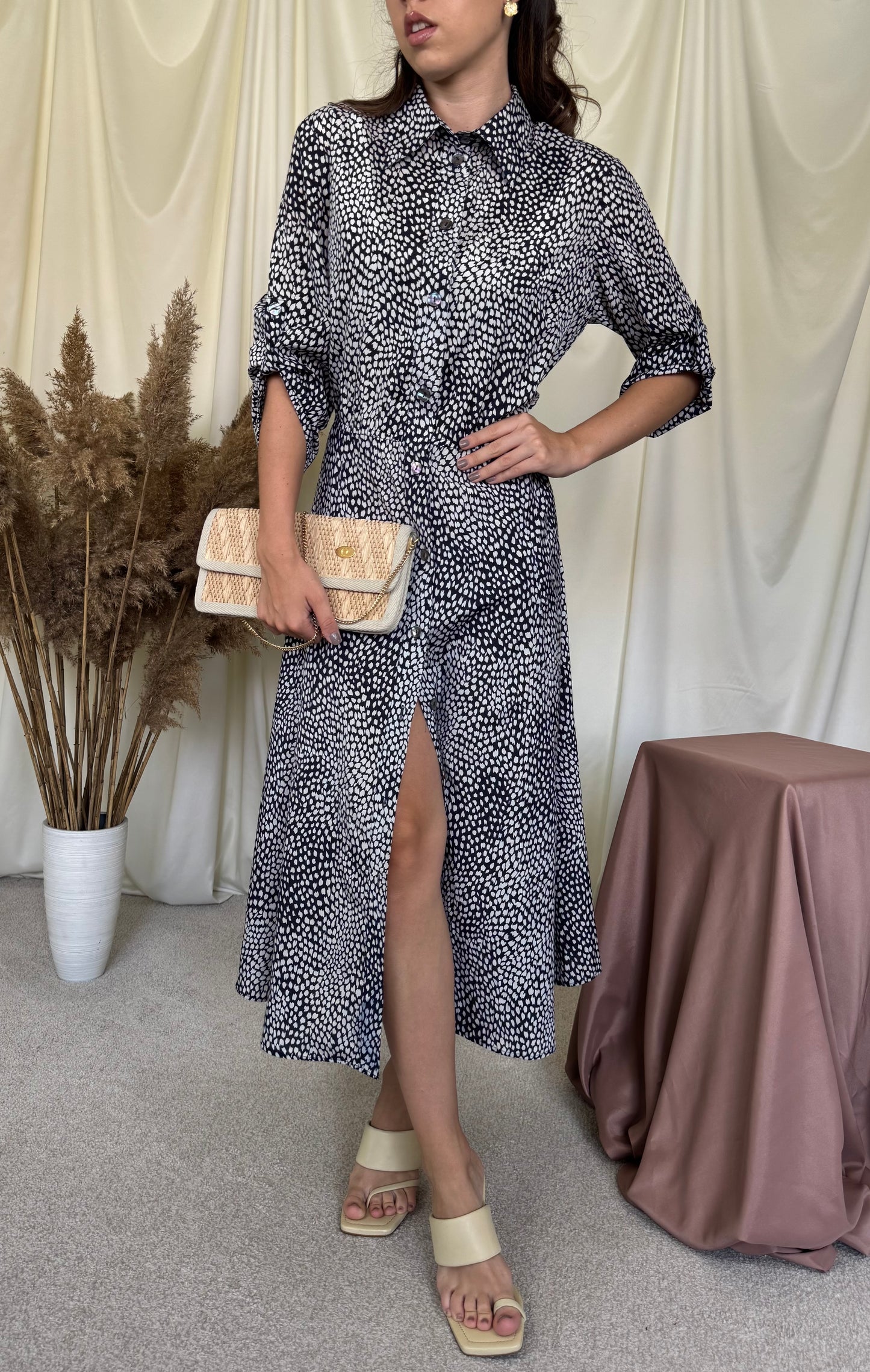Rochie maxi premium Madeleine din mătase și bumbac cu print și talie elastică ( mărimea L)